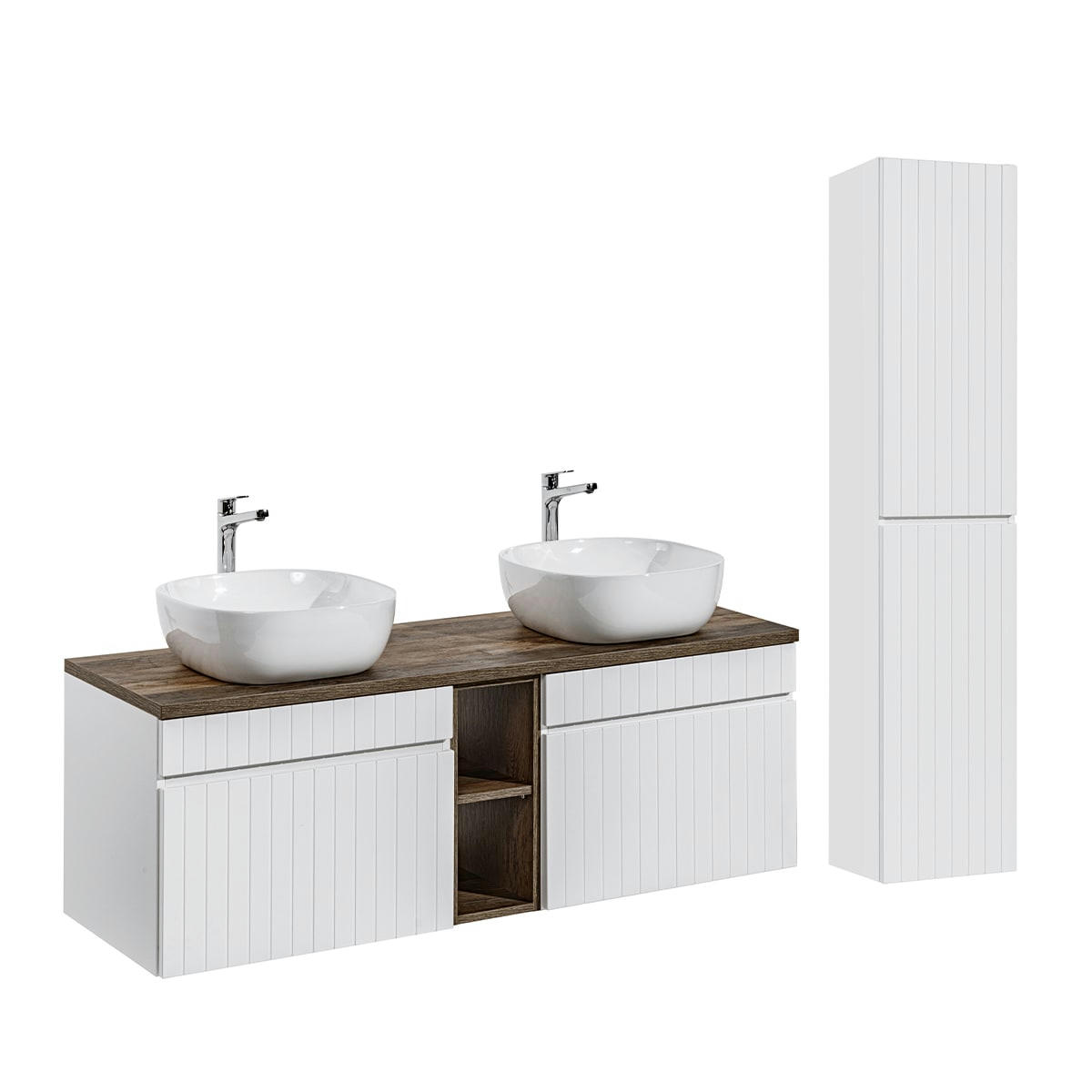 - Ensemble meuble double vasque 140cm et colonne stratifiés blanc