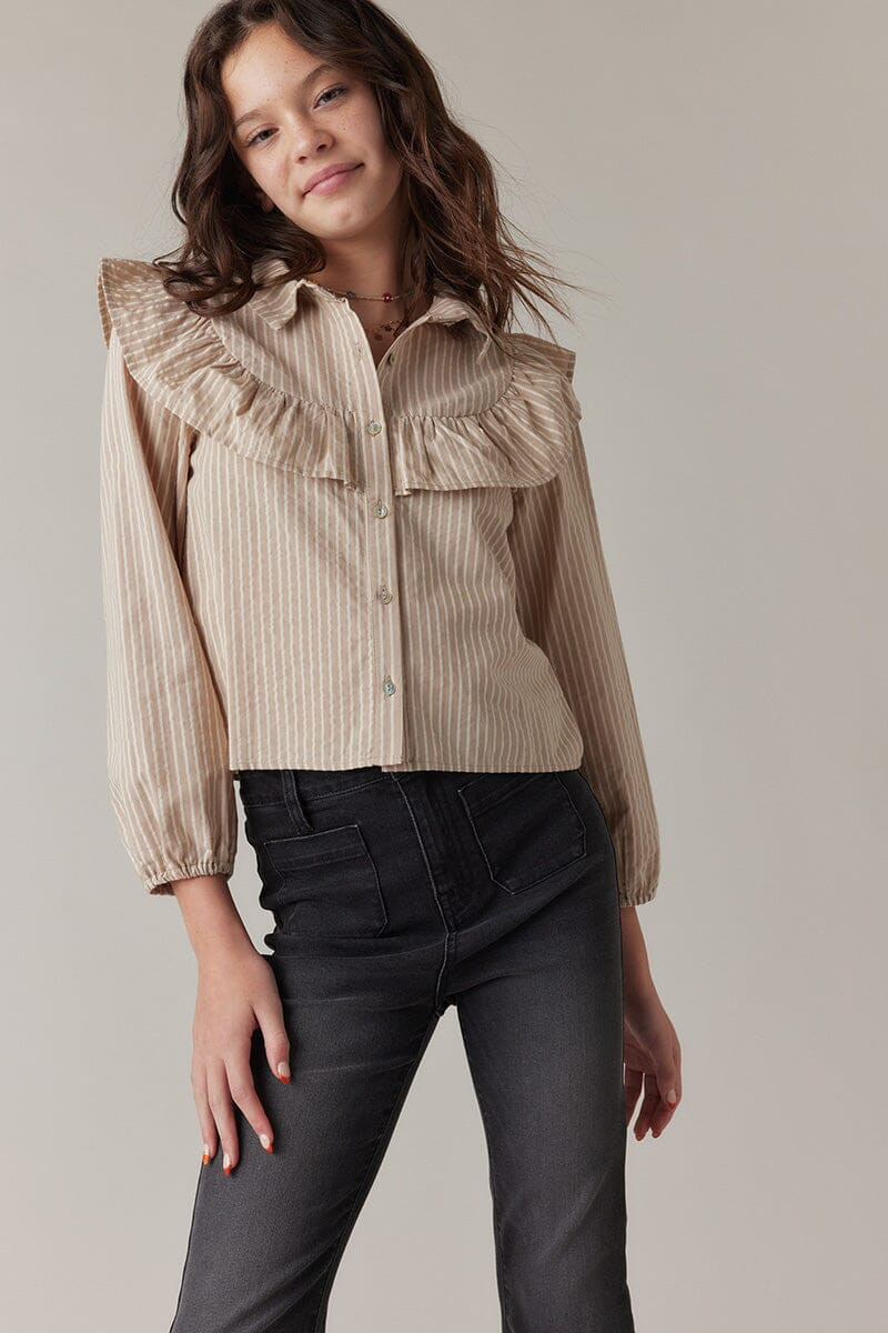Hello Franki Ruffle Pinstripe Button Up for girls