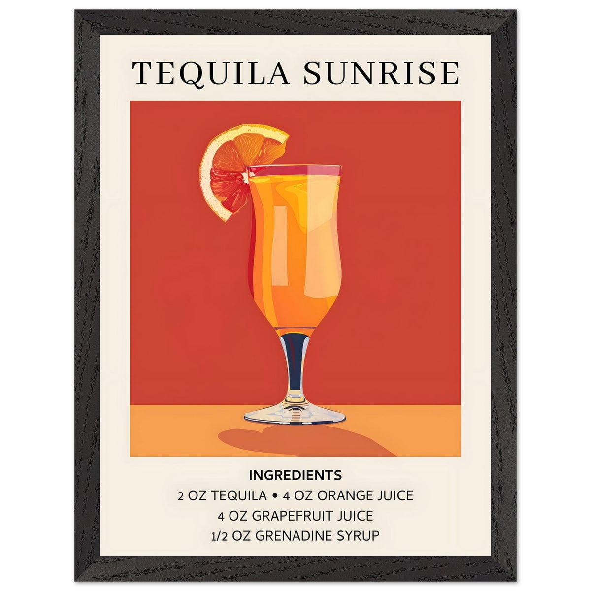 Artfulprints Poster met Lijst Tequila Sunrise cocktail - Ingrediënten  - 30x40 cm - Oranje