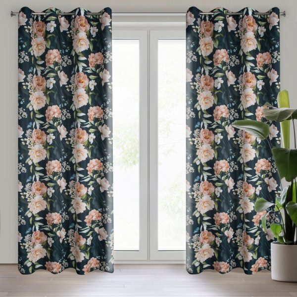 Zasłona na przelotkach z nadrukiem w kwiaty SALMA 140X270 czarna