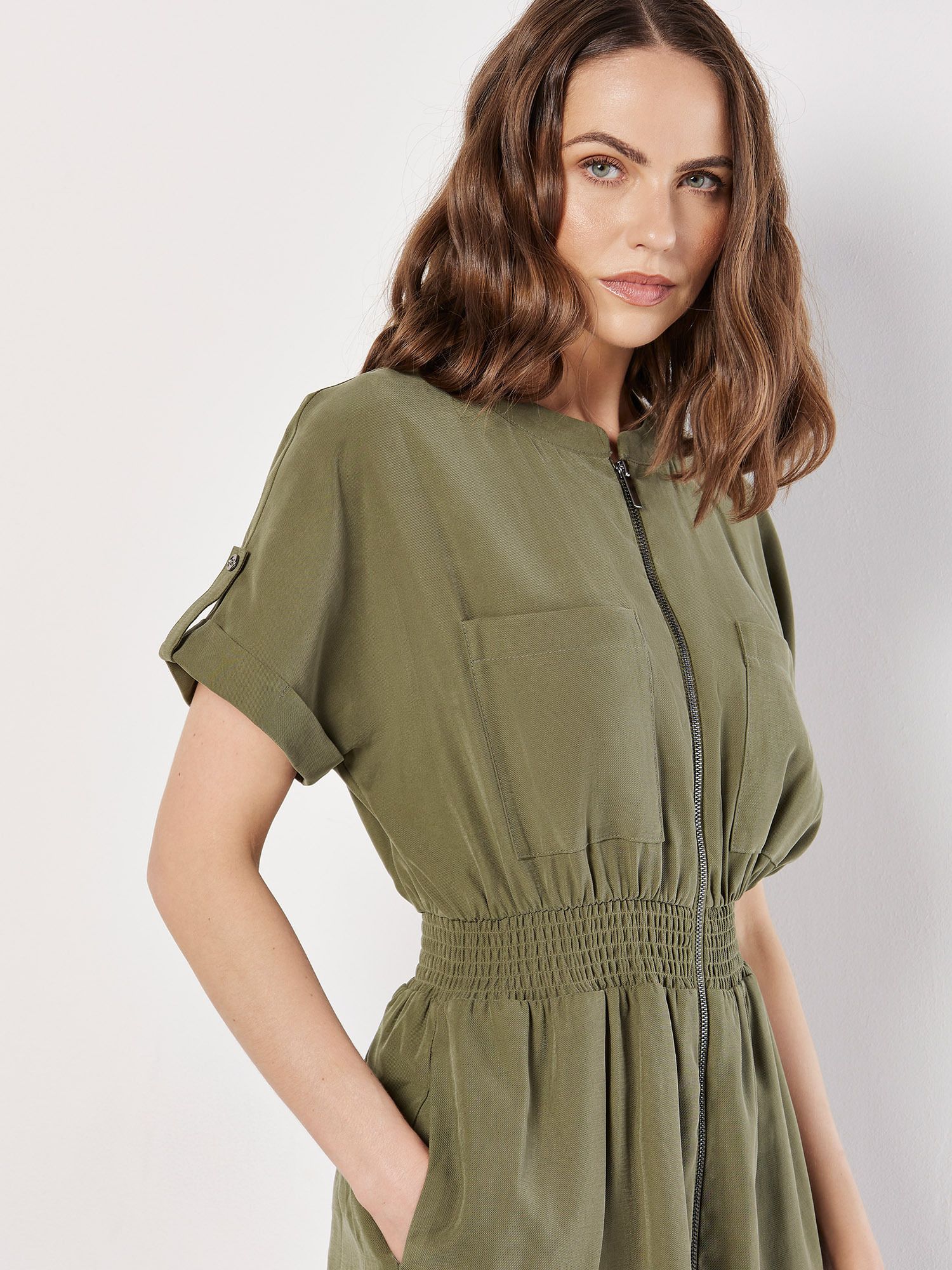 Apricot Zip-Down Utility Mini Dress