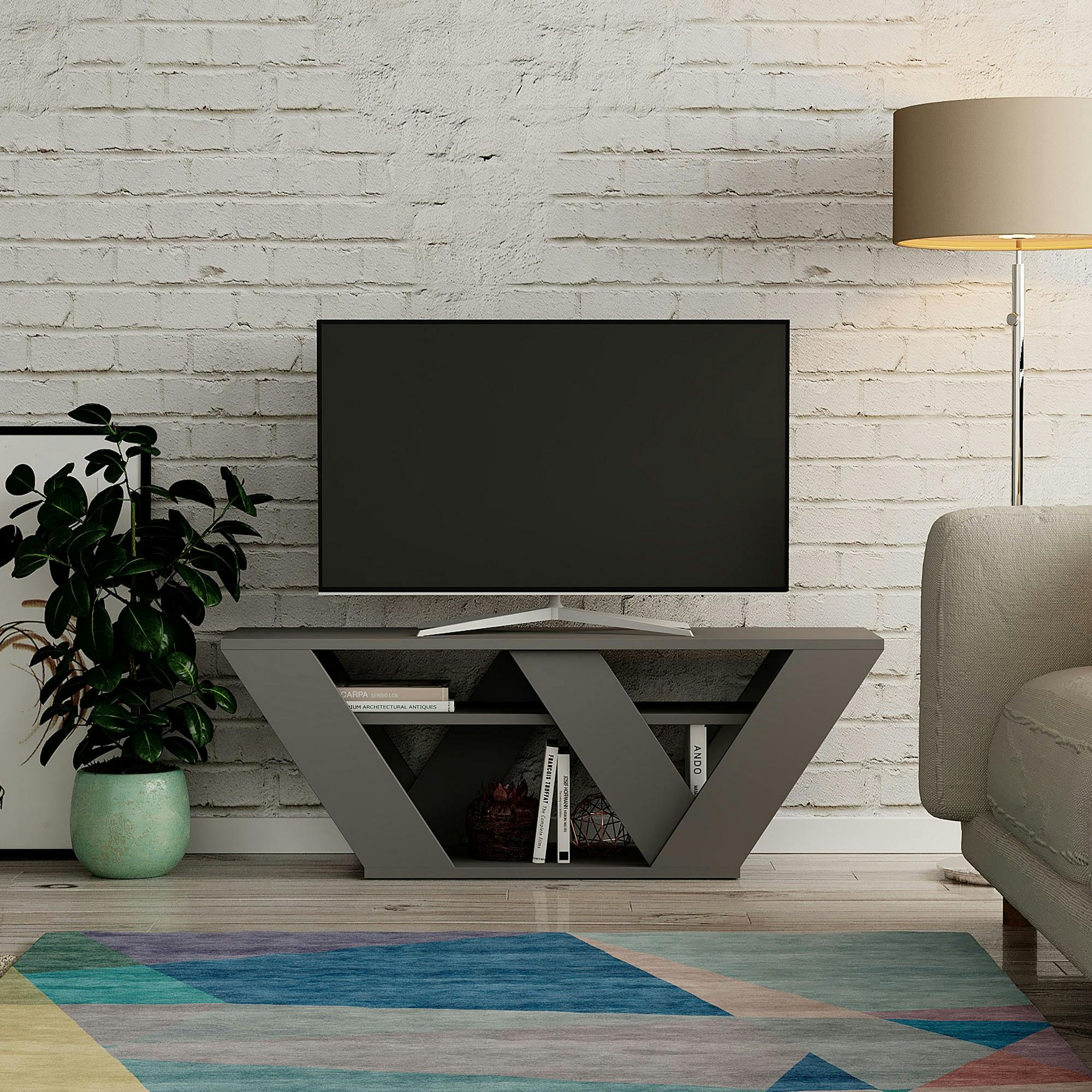Petit meuble TV gris foncé avec rangement - pied en W MARFA