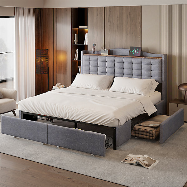 Lit rembourré 160x200 cm, table de nuit avec port de chargement USB et étagère, lit double plat avec 4 tiroirs, gris