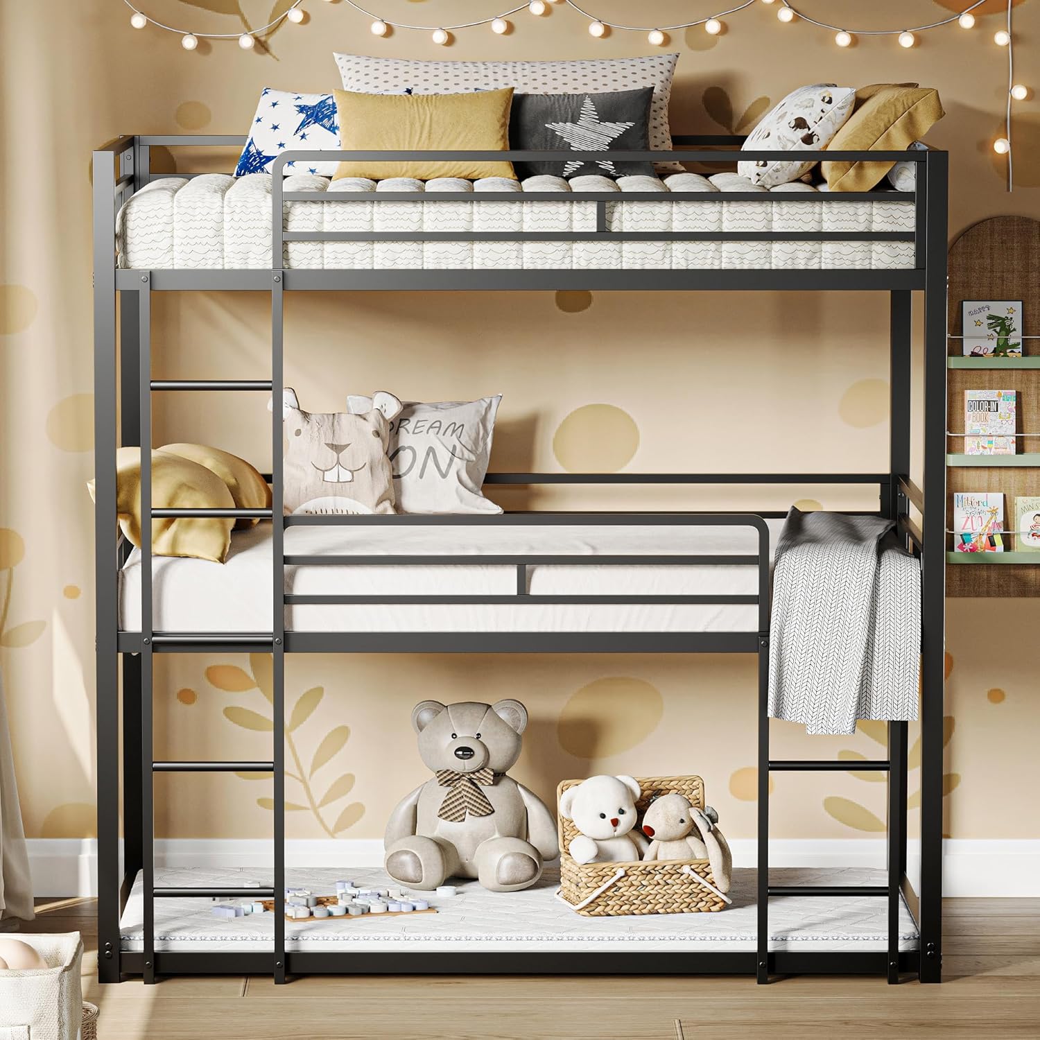 LIKIMIO Triple Bunk Bed, Bunk Bed Twin Over Twin Over Twin, Triple Bunk with 2 Ladders, Metal Bed Frame with Guardrails for Bedroom, No Box Spring Needed, Black