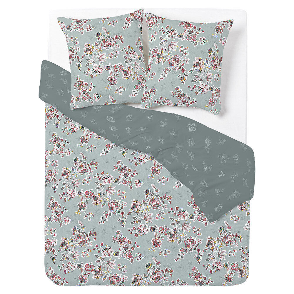 Parure de lit 2 personnes 240x220cm réversible motif floral vert et rose