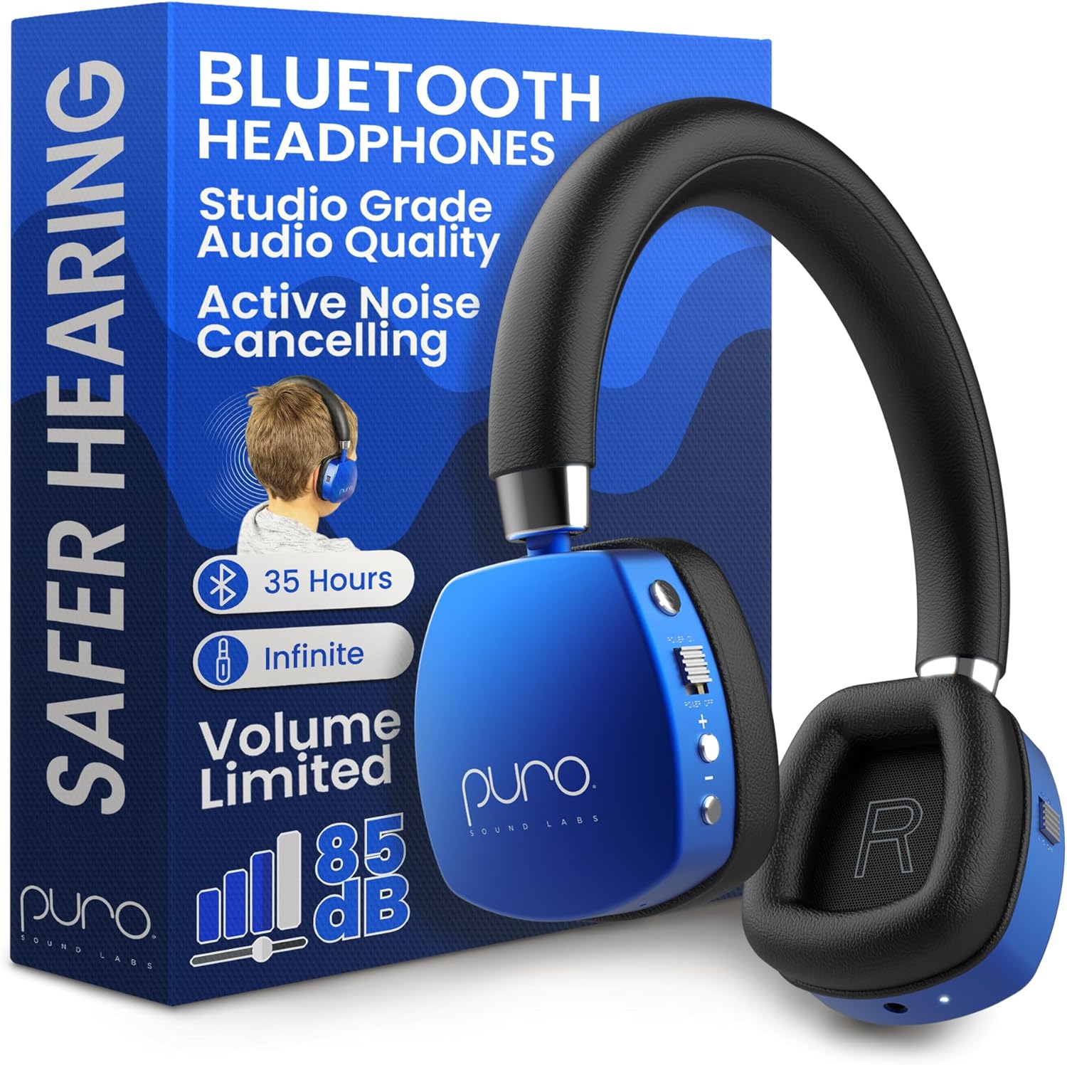 Puro Sound Labs Noise Cancelling Headphones for Kids - 85 dB Volume Limit, Built in Mic, 35-Hour Battery, Lightweight On Ear Design & Comfy Fit, Bluetooth Headphones for Kids – PuroQuiet Plus, Blue