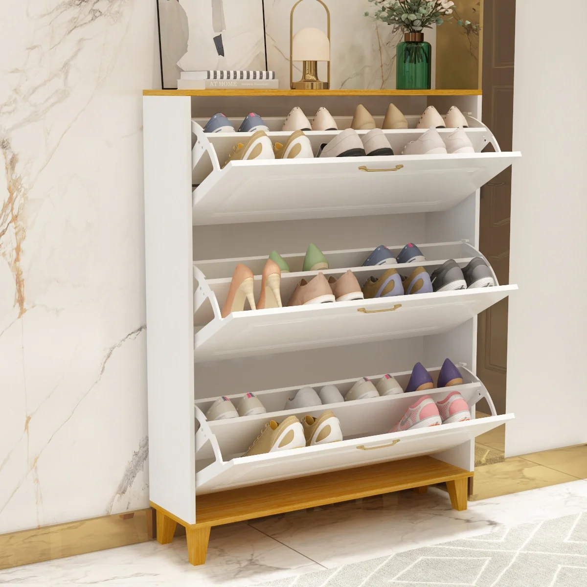 24-Pair Shoe Storage Cabinet with 3 Flip Drawers White by Kerrogee