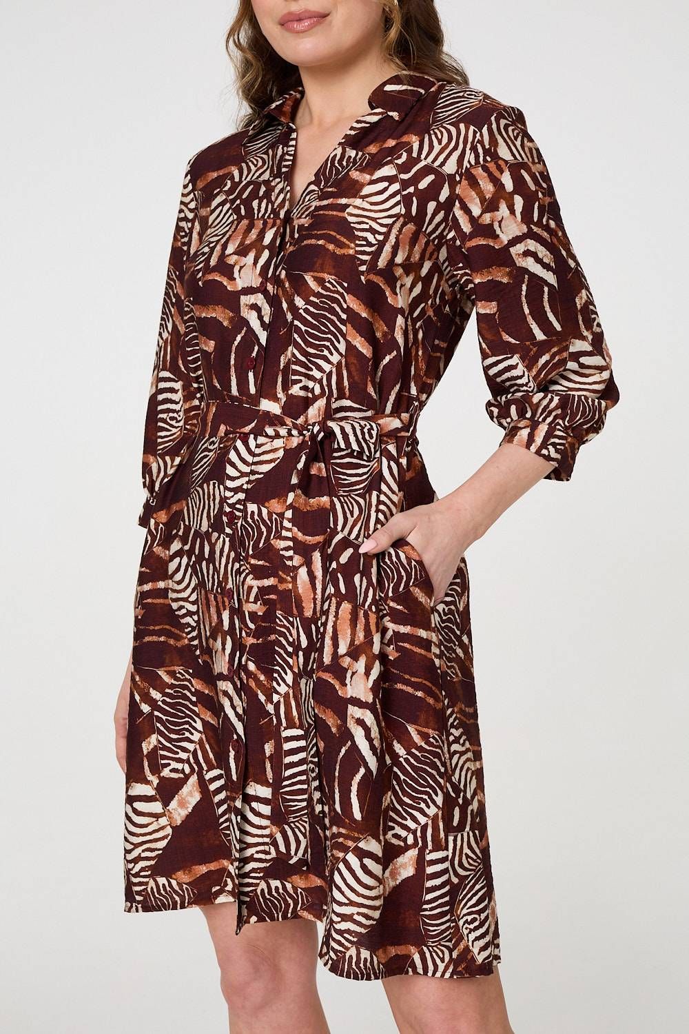 Izabel London Animal Print Tie Waist Shirt Short Dress