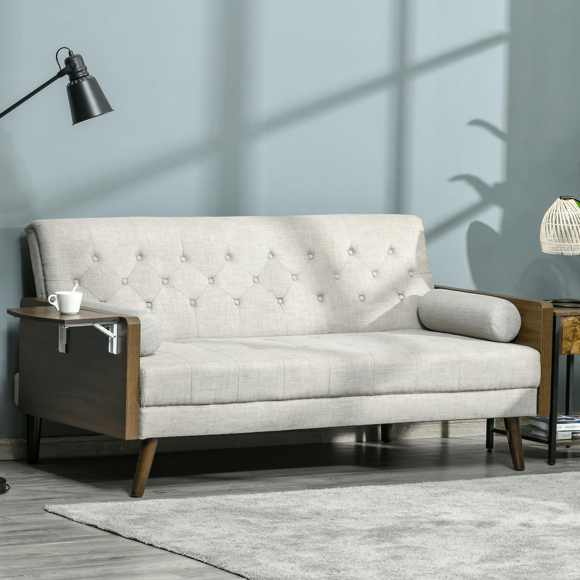 - Canapé convertible 3 places design scandinave bois aspect lin beige