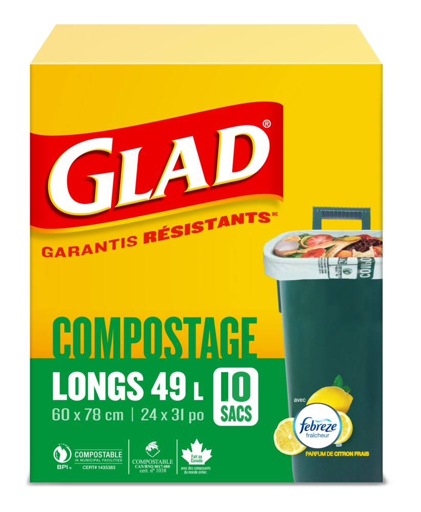 Glad Tall 100% Compostable Febreze Lemon Scented Food Waste Bags, 10-pk, 49-L