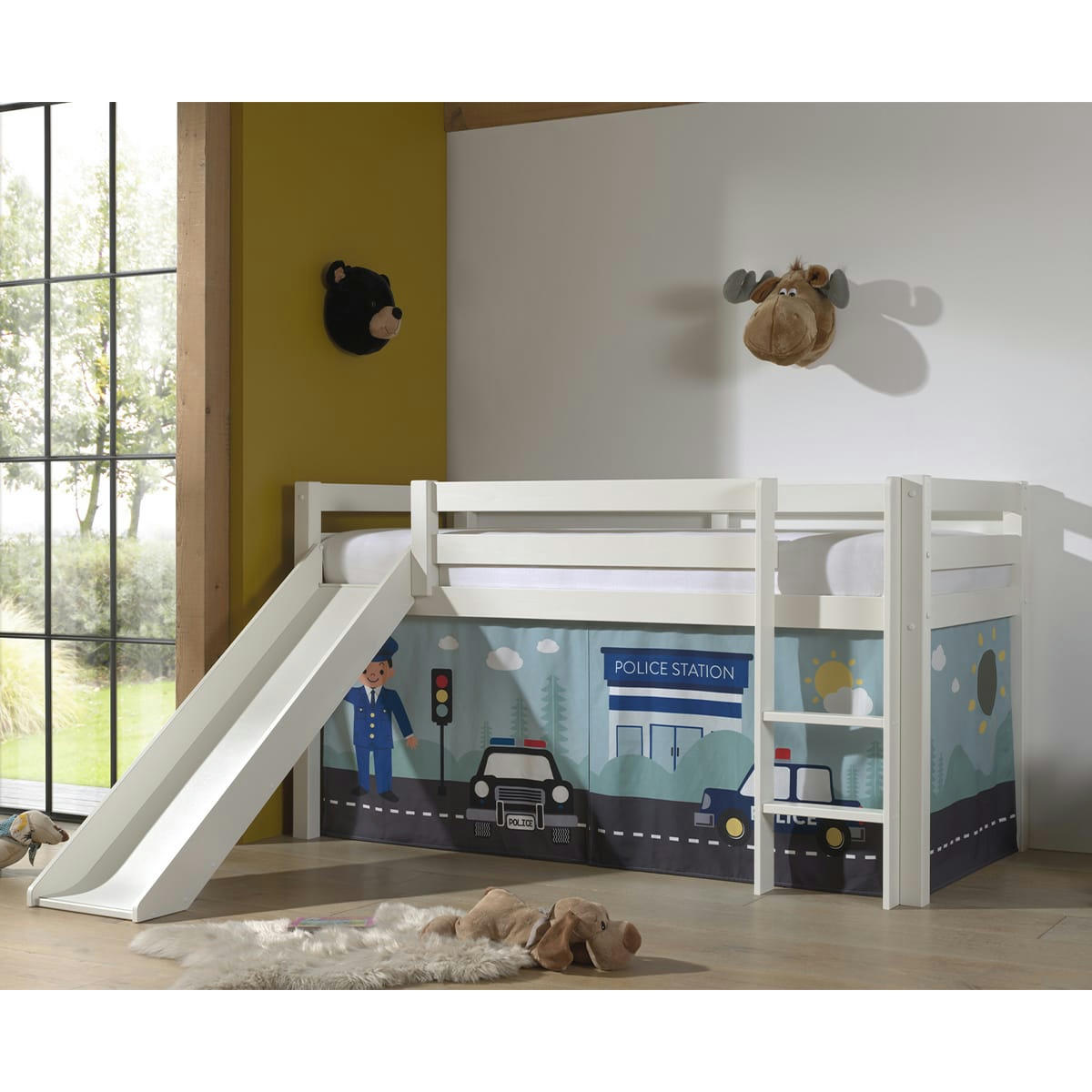 PINO - Lit mi-hauteur 90x200 toboggan sommier inclus housse police blanc