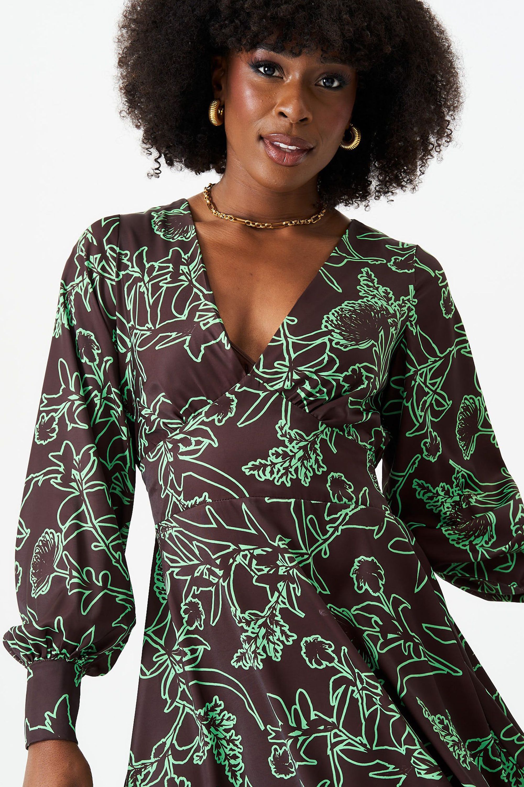 Gini London Brown V Neck Long Sleeves Midi Dress