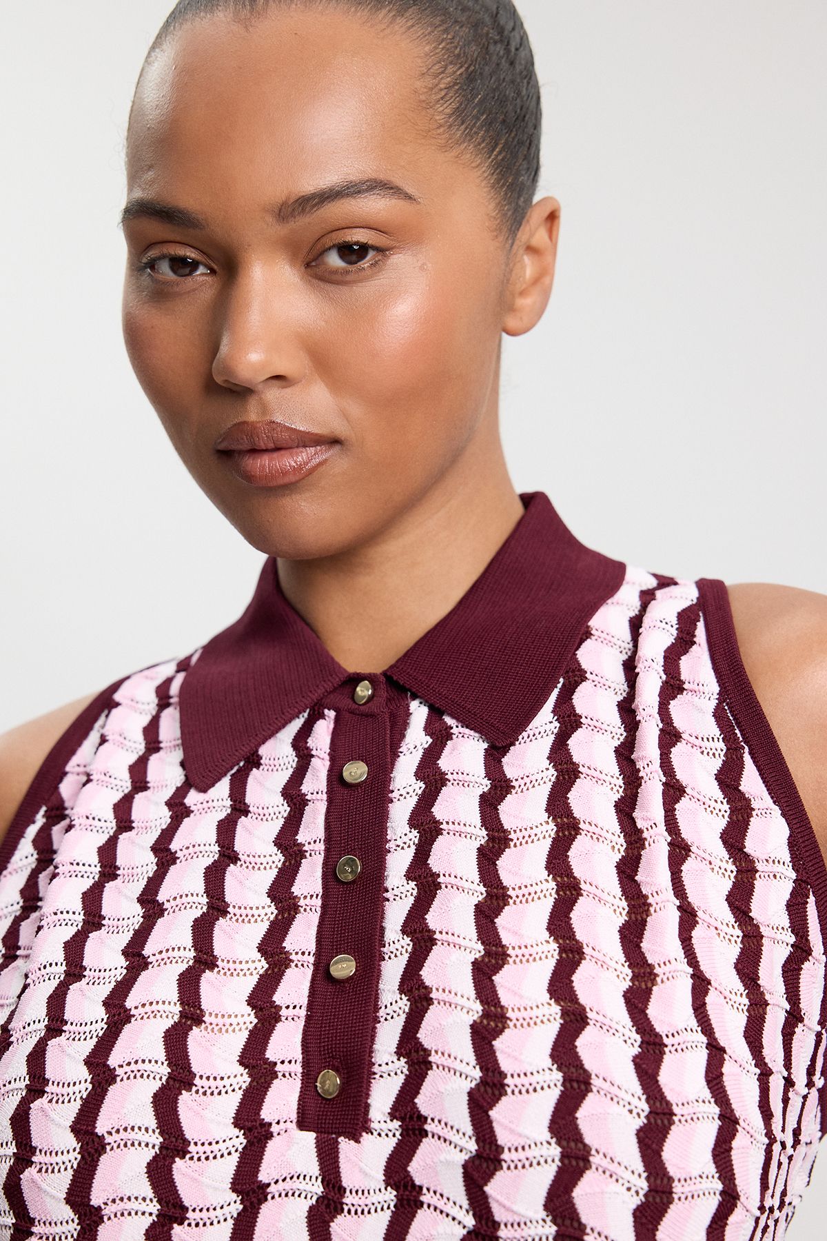 KarenMillen Plus Size Knit Contrast Collar Pointelle Sleeveless Midi Top