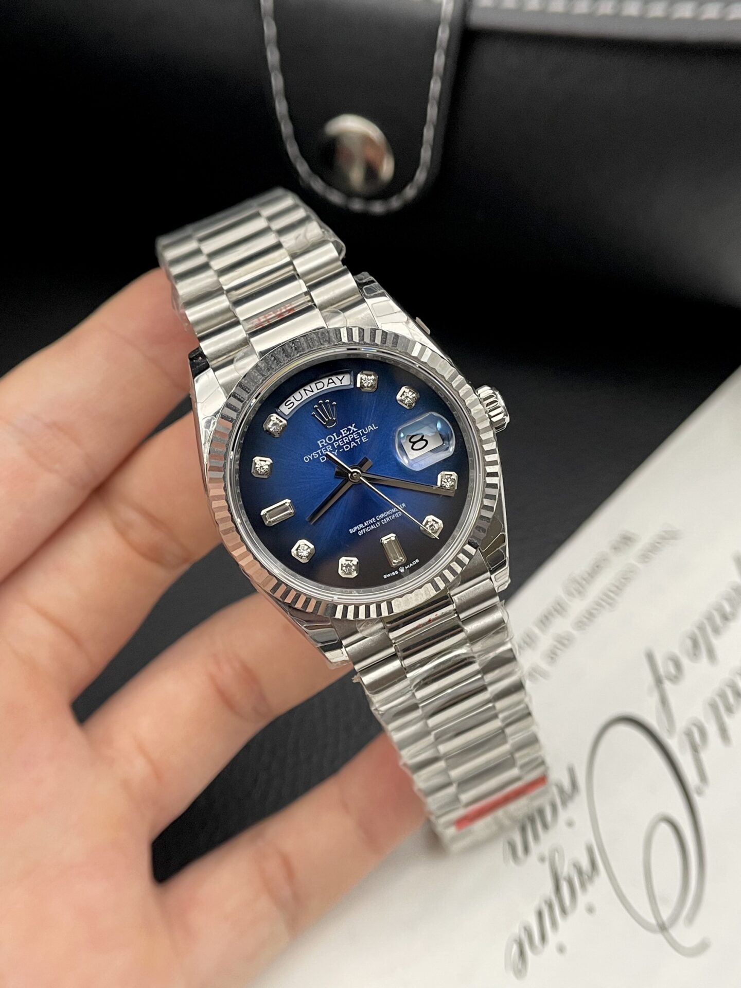 Rolex Day-Date 316L Steel Blue Dial CZ Diamonds 36mm EWF Replica
