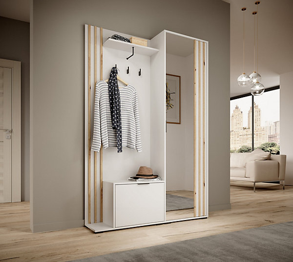 Minio go for it, Ensemble vestiaire NEL, avec miroir, 131 cm, Chêne Artisan / Couleur blanc