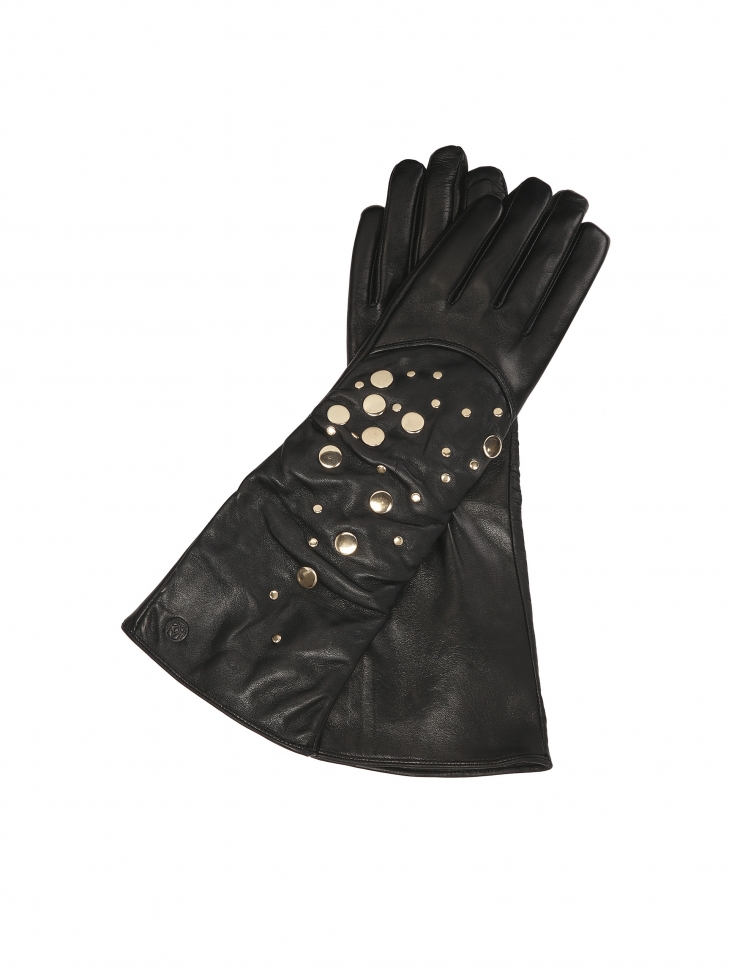 Long black gloves decorated with gold rivets