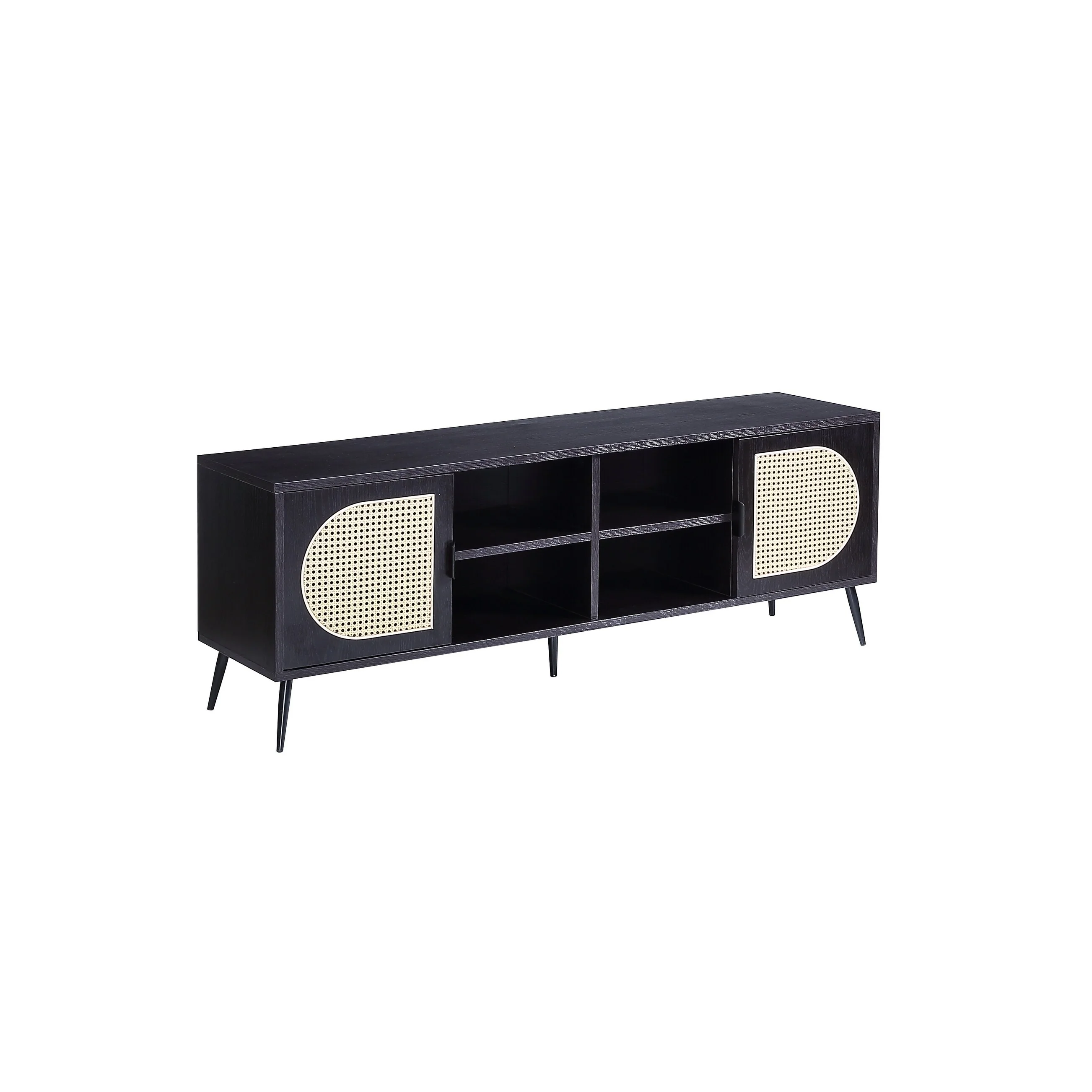 60 Transitional Style TV Stand with Rattan Door & Open Compartments