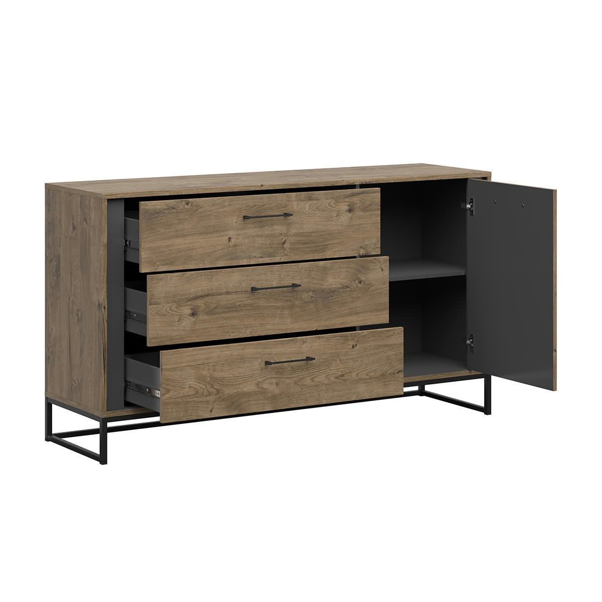 - Buffet 1 porte 3 tiroirs naturel et gris anthracite