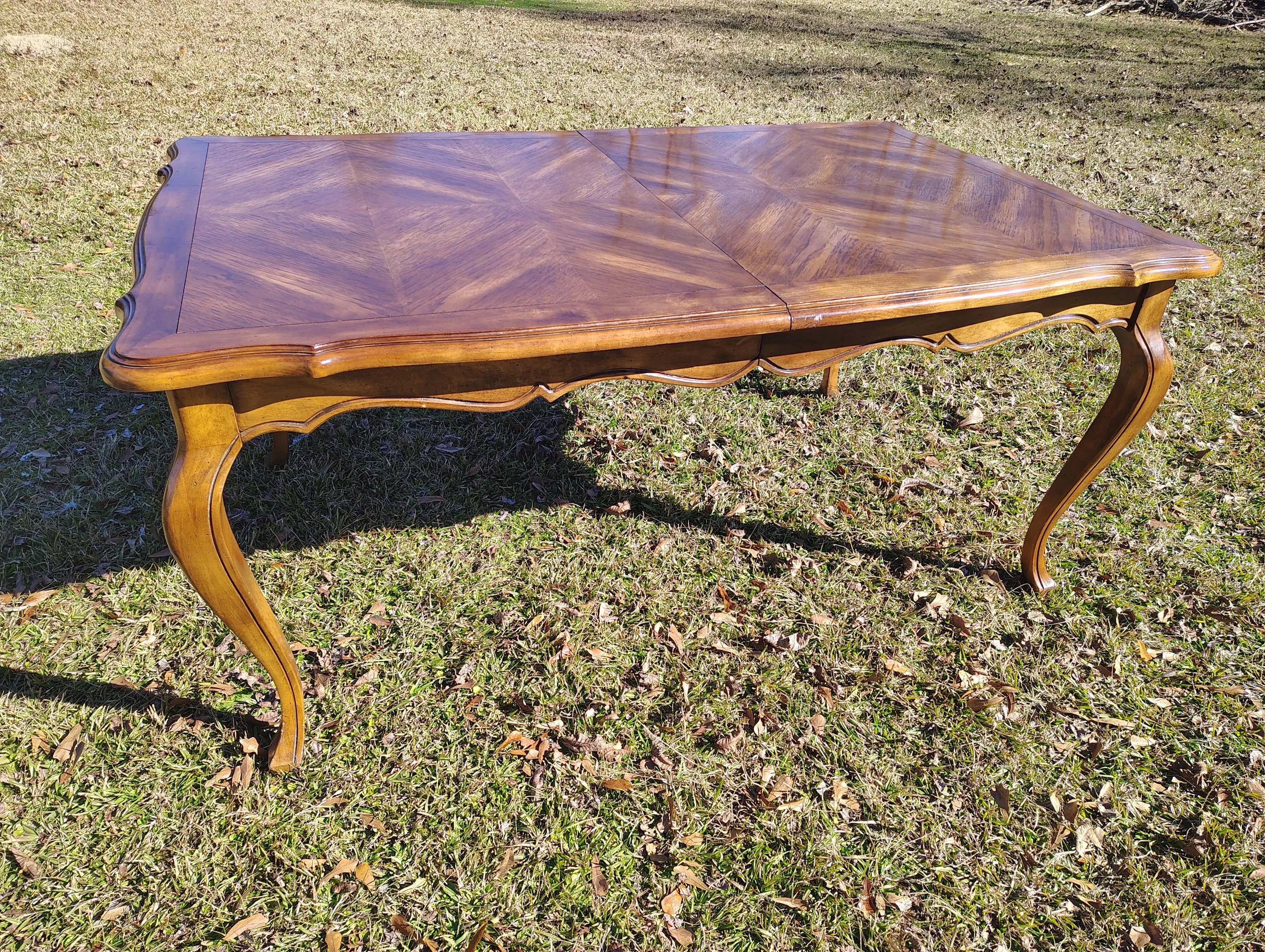 NEW! AVAILABLE!Large Vintage French Provincial Dining Table with Extension Leaves, Parquet Style Top, Cabriole Legs, 1970s–1980s Elegant For