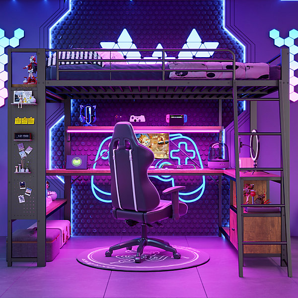 Lit Mezzanine 140x200 cm - Lit Ado avec Bureau Intégré, LED et Ports USB, Panneau Perforé et Rangement, Métal   MDF, Noir
