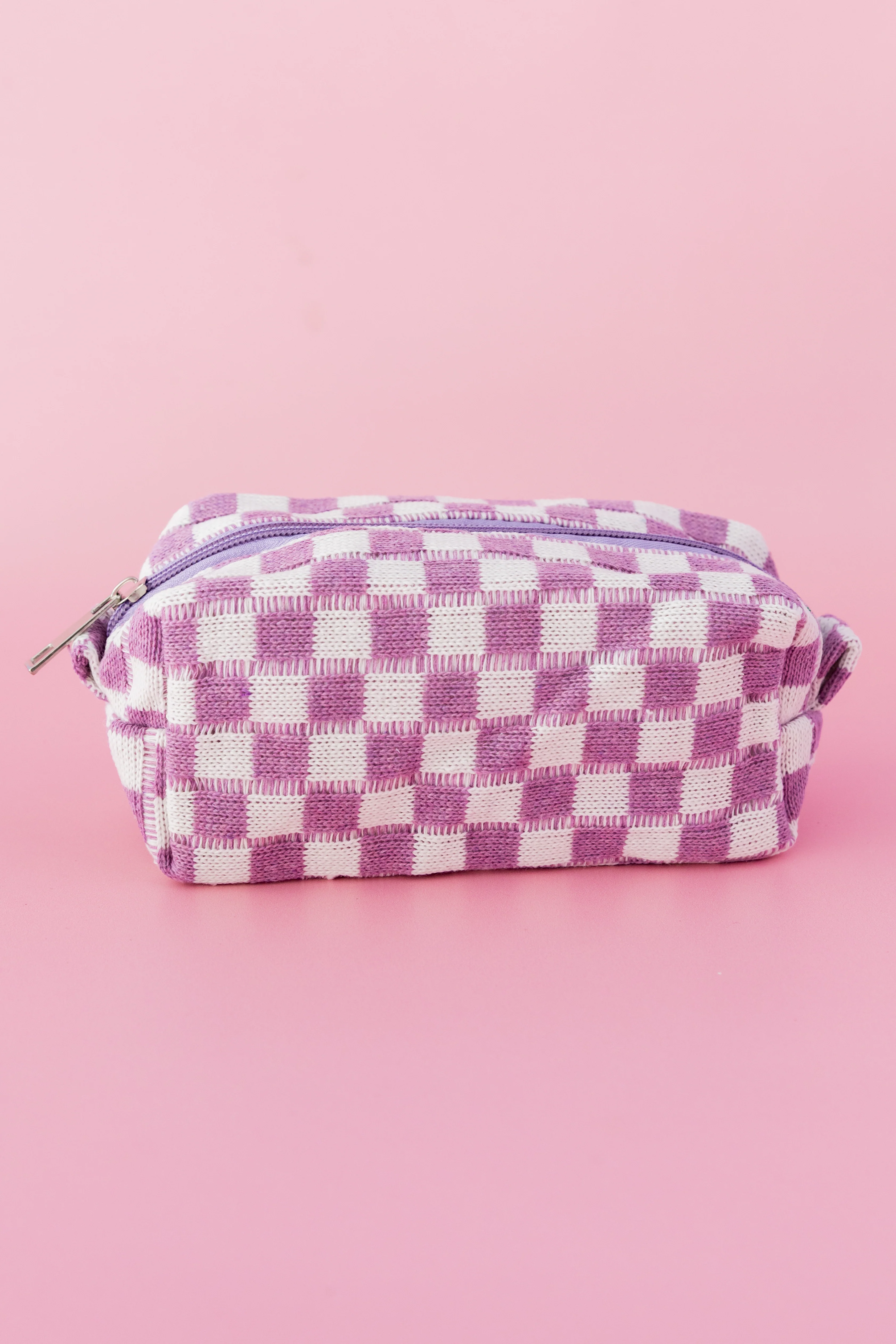 Knitted Checkerboard Cosmetics Bag in Lilac