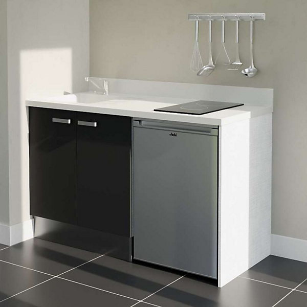 Kitchenette K17 - 140 cm - façades Noir - Plan monobloc en quartz coloris Snova évier à gauche - Electroménager Inox