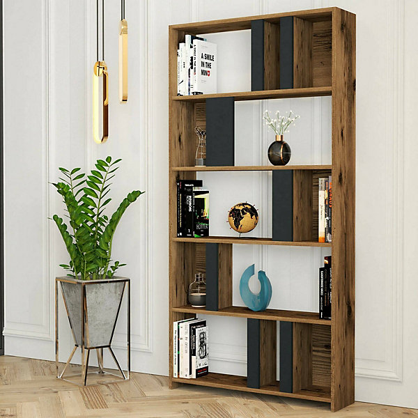 Bibliothèque Scapolita, Etagère de bureau, Porte-livre mobile, Librairie, 90x20h180 cm, Noyer et Anthracite