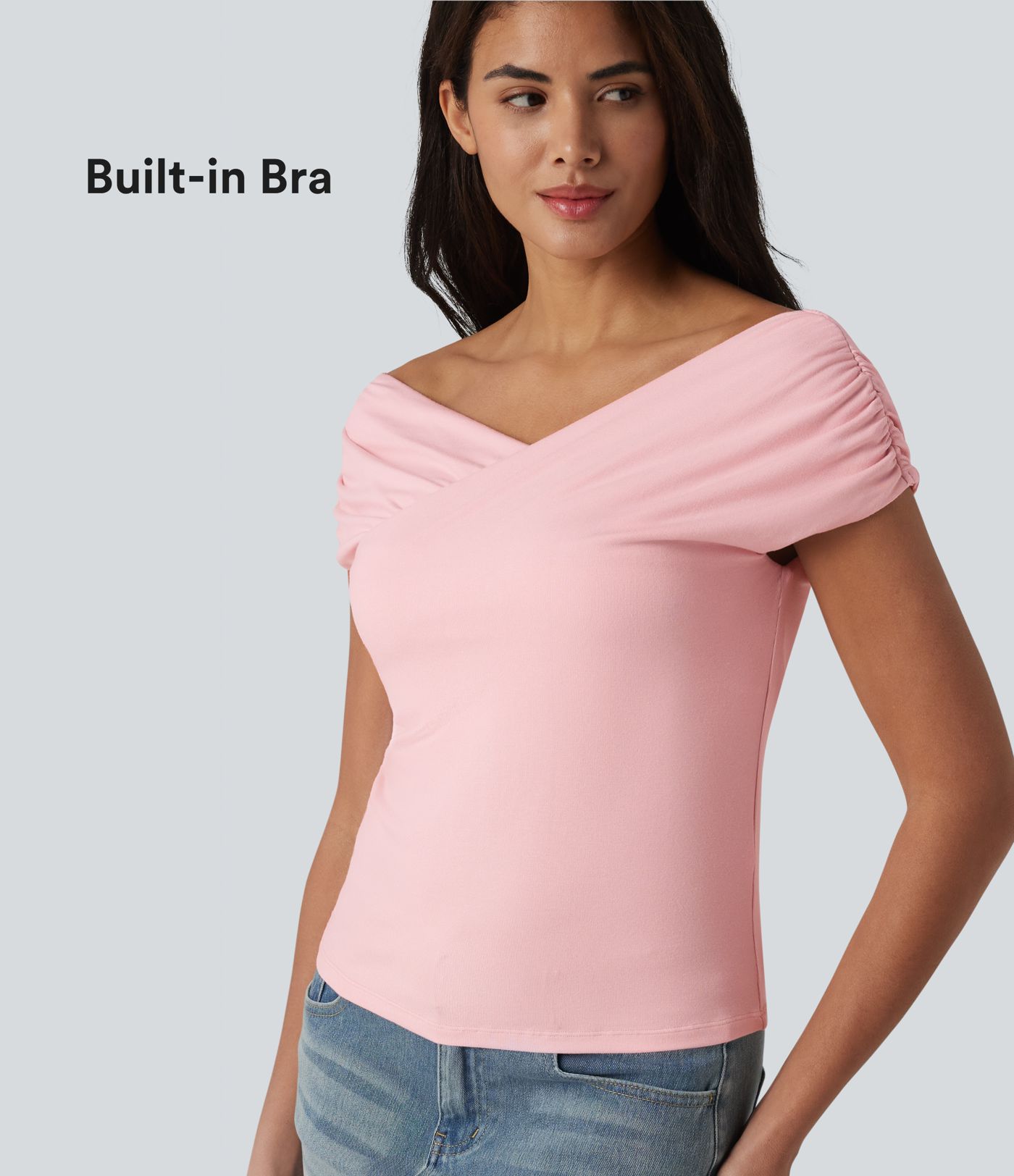 T-shirt casual en maille côtelée à manches courtes avec soutien-gorge intégré