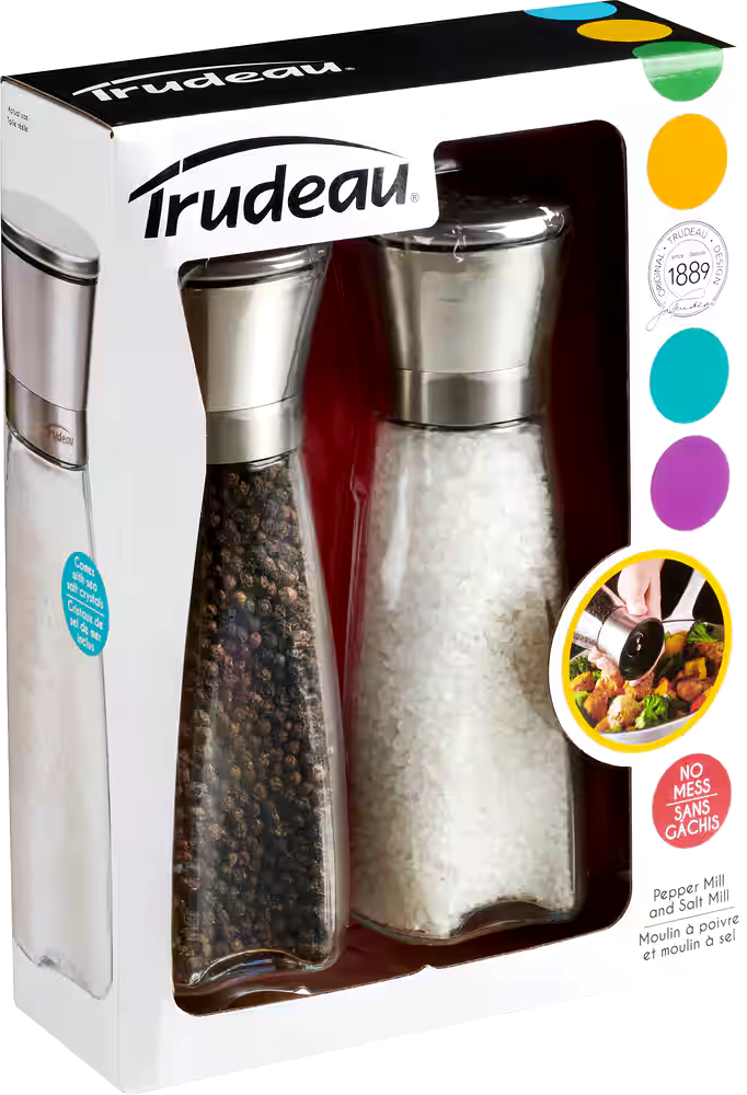 Trudeau Stainless Steel/Glass Salt & Pepper Grinder Mill Set, Pre-Filled, 8-in, 2-pc