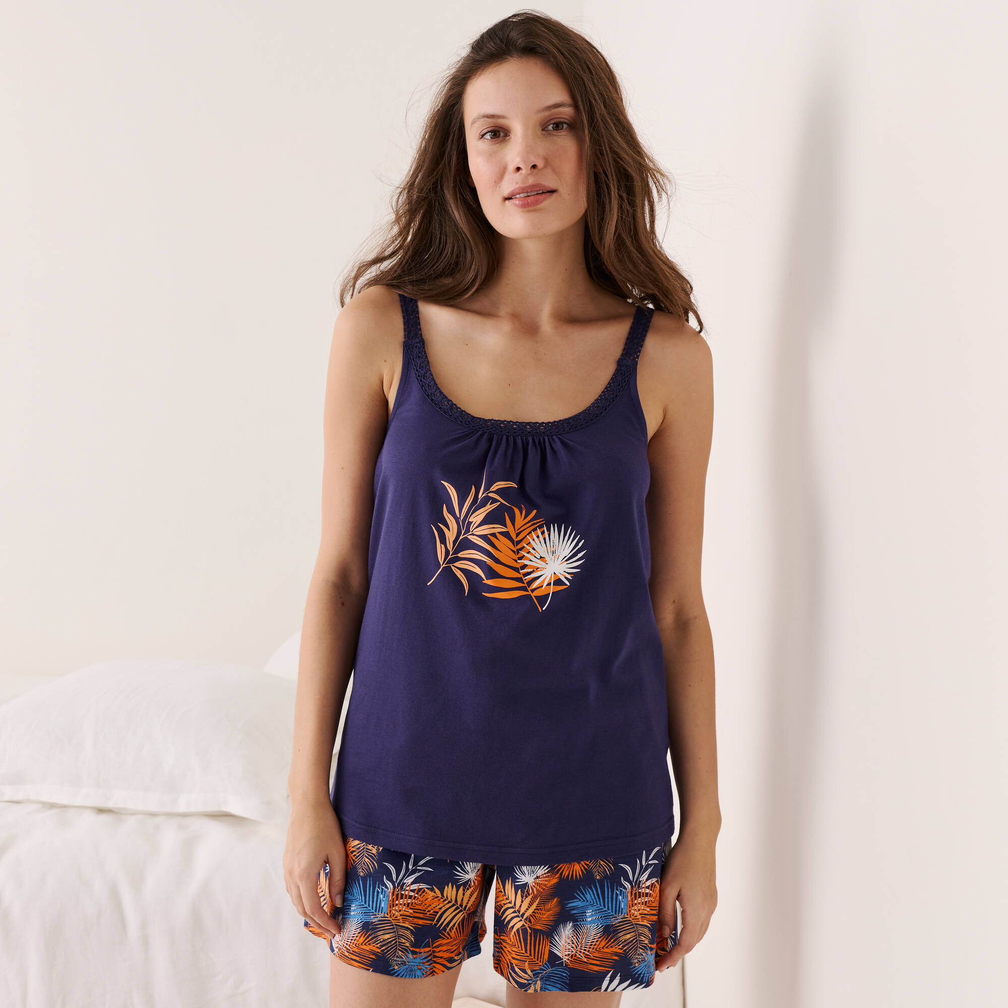 Top de pyjama en coton et macramé - uni tropical