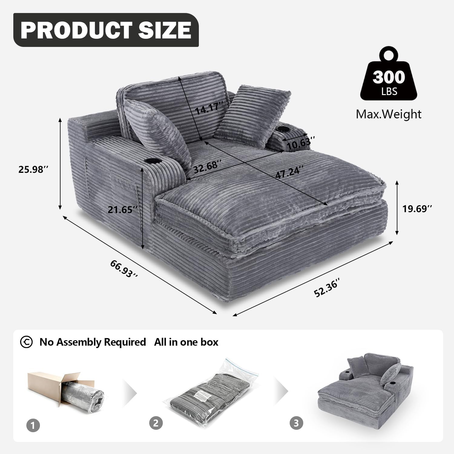 67 Oversized Chaise Lounge Chair Indoor, Soft Boneless Cloud Couch with 3 Pillows, 4 Side Pockets and 2 Cup Holders, Comfy Corduroy Sleeper Couch for Living Room Bedroom