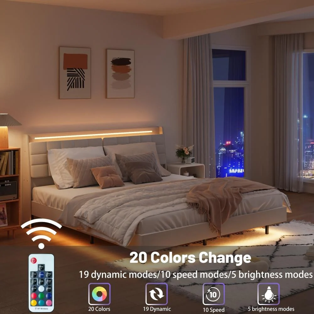 Floating Bed Frame with LED Light and Charging Station Upholstered Platform Bed