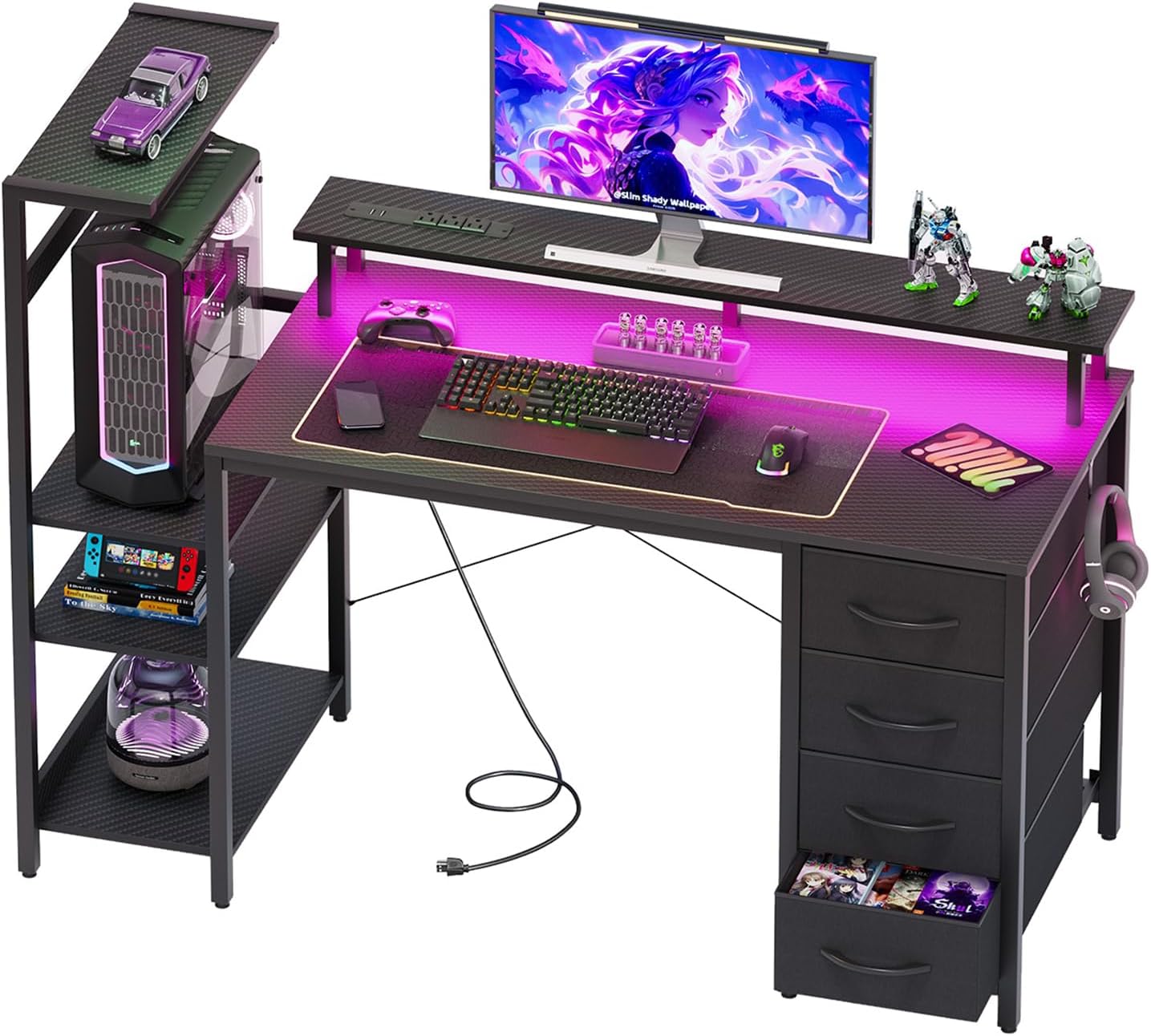 51 Inch Gaming Desk with Power Outlet and LED Lights, Computer Desk with 4 Drawers & Storage Shelves, Reversible Home Office Desk with Monitor Stand for Small Space Bedroom, Carbon Fiber Black