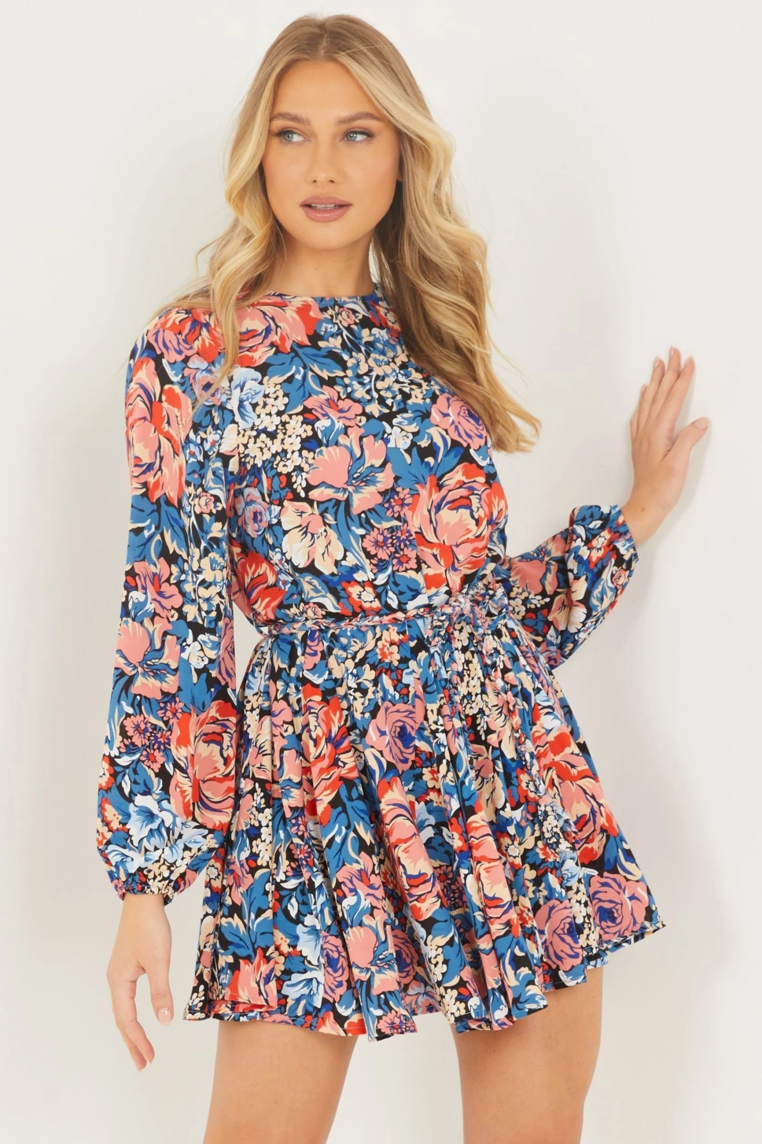 Quiz Pink Floral Belted Skater Dress