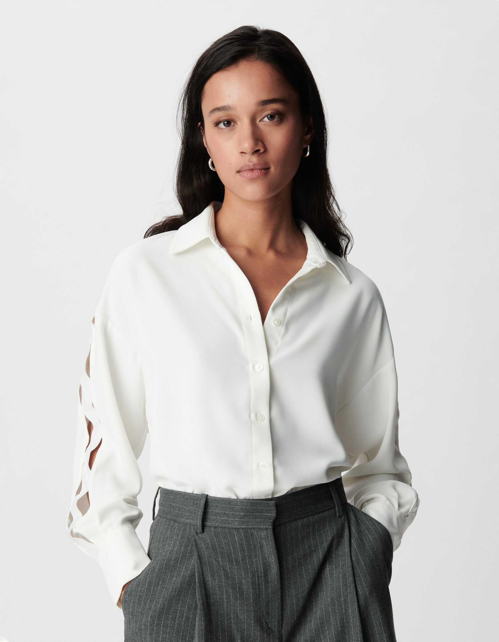 Chemise blanche manches longues ajourées Femme
