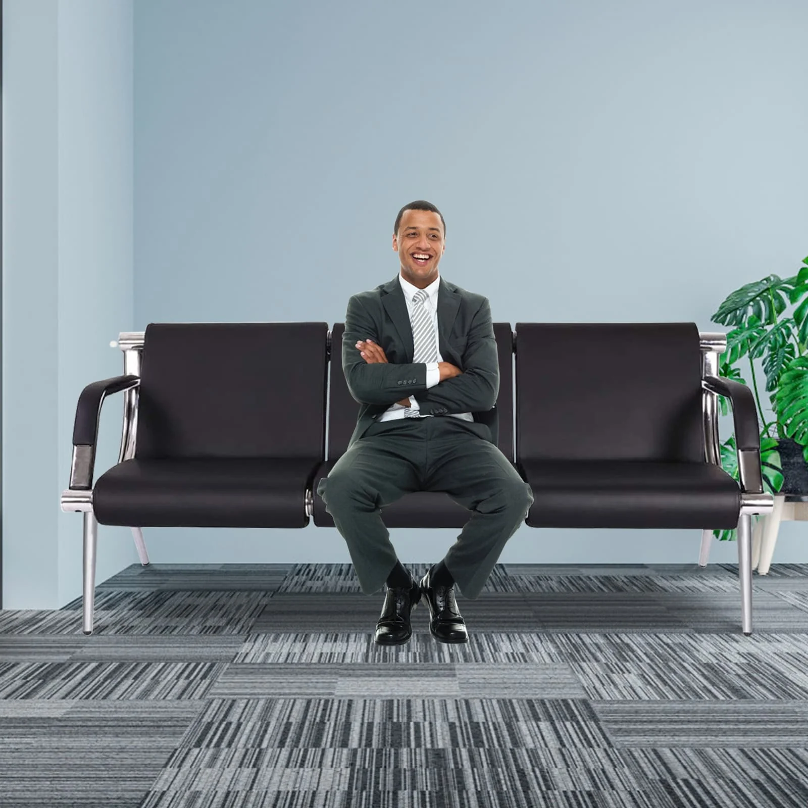 Kinbor 3-seat Waiting Room Chair, PU Leather Airport Reception Bench, Guest Chair for Bank Salon Office Hospital