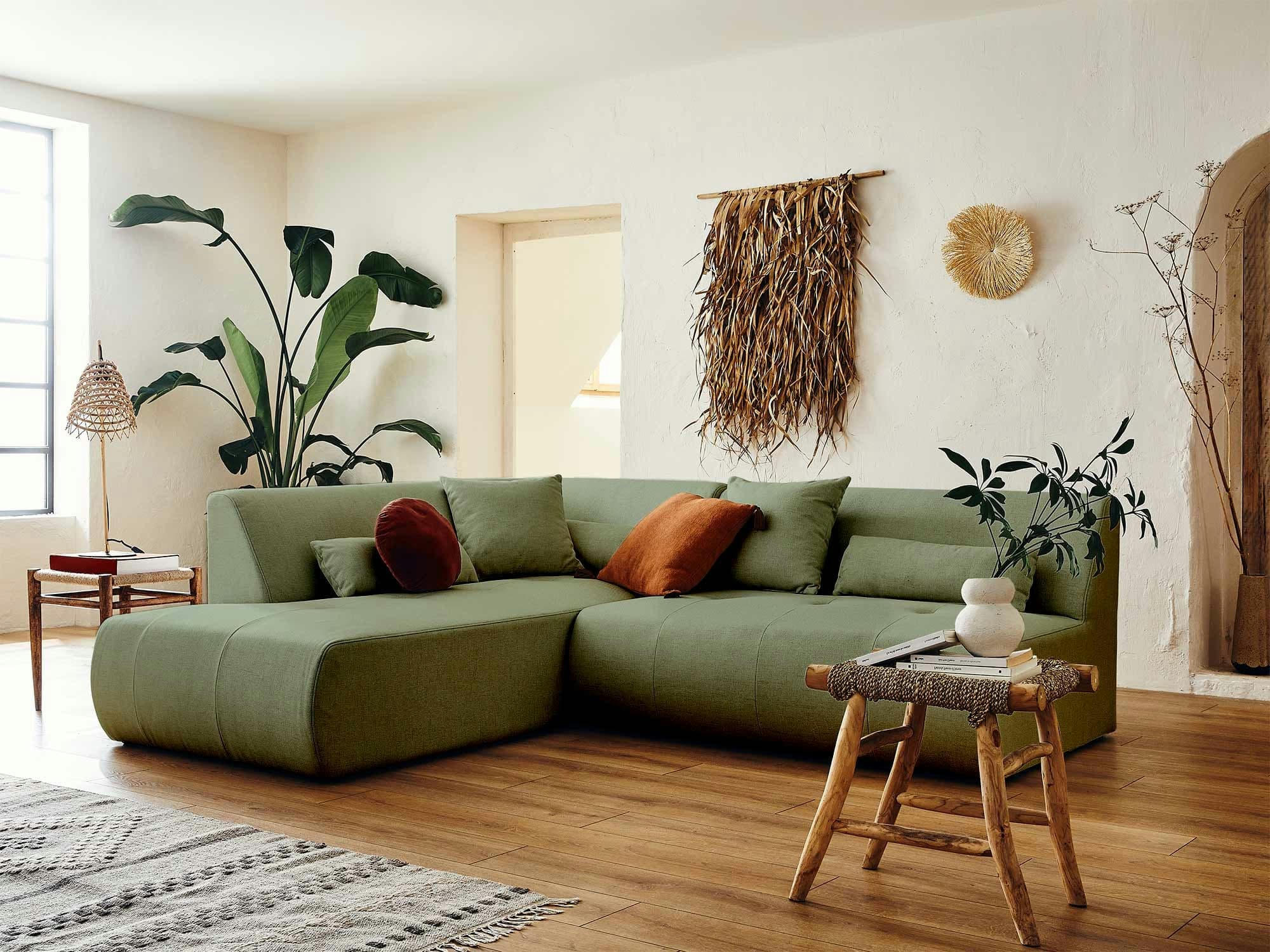 ONYX - Canapé modulable 5 places angle gauche en tissu vert sauge