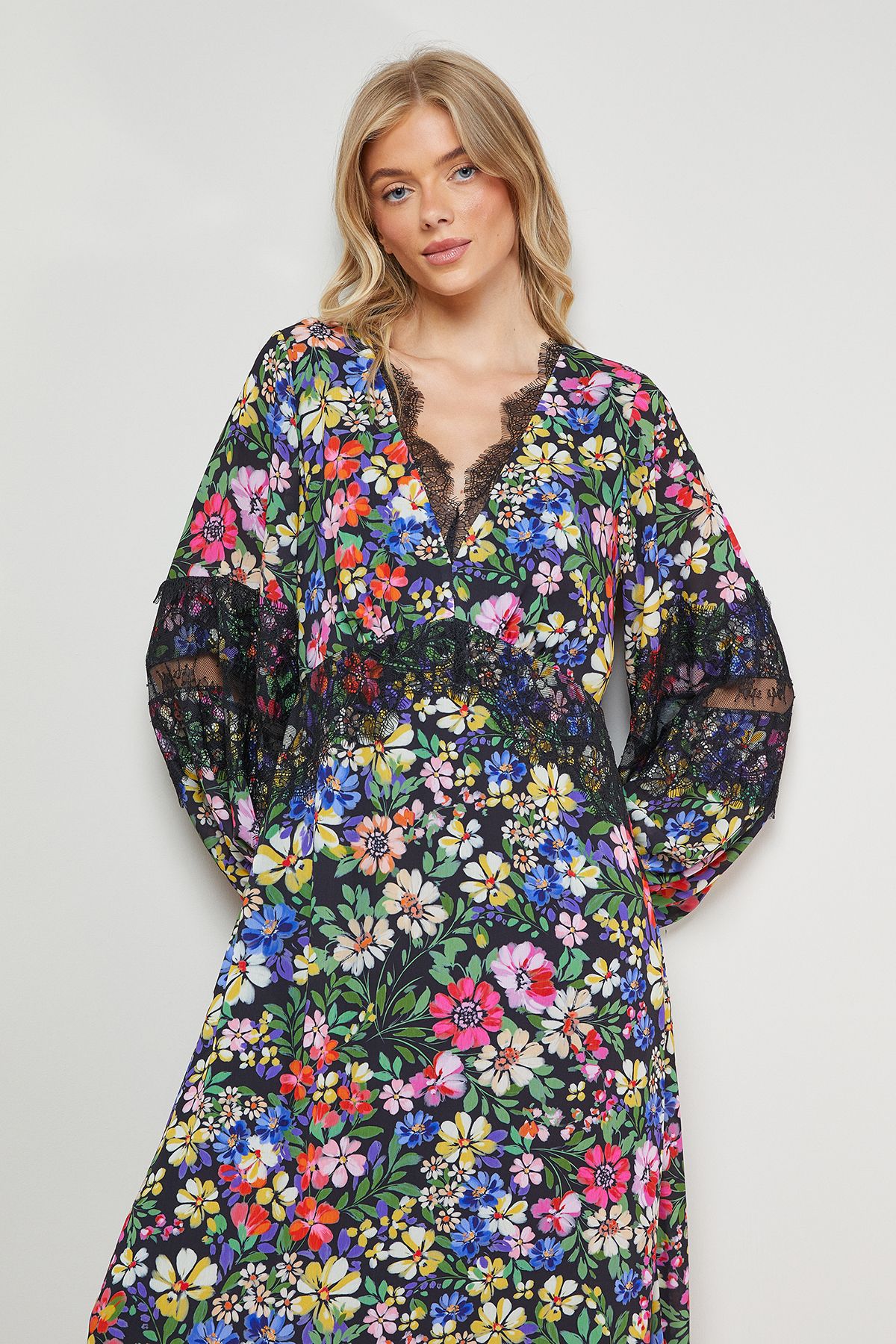 Oasis Printed Lace Insert Bias Midi Dress