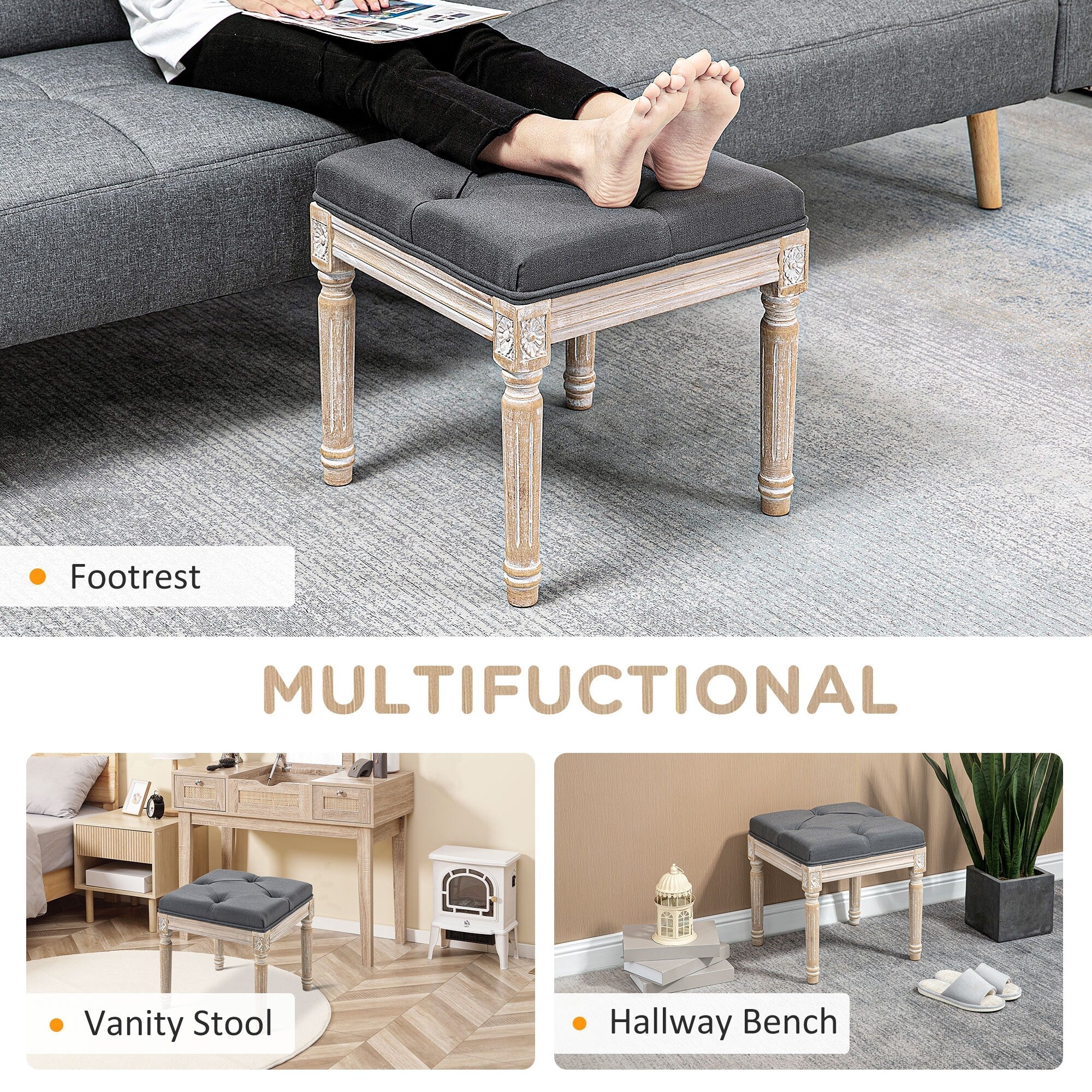 16 Vintage Ottoman, Tufted Foot Stool with Upholstered Seat, Rustic Wood Legs for Bedroom, Living Room,