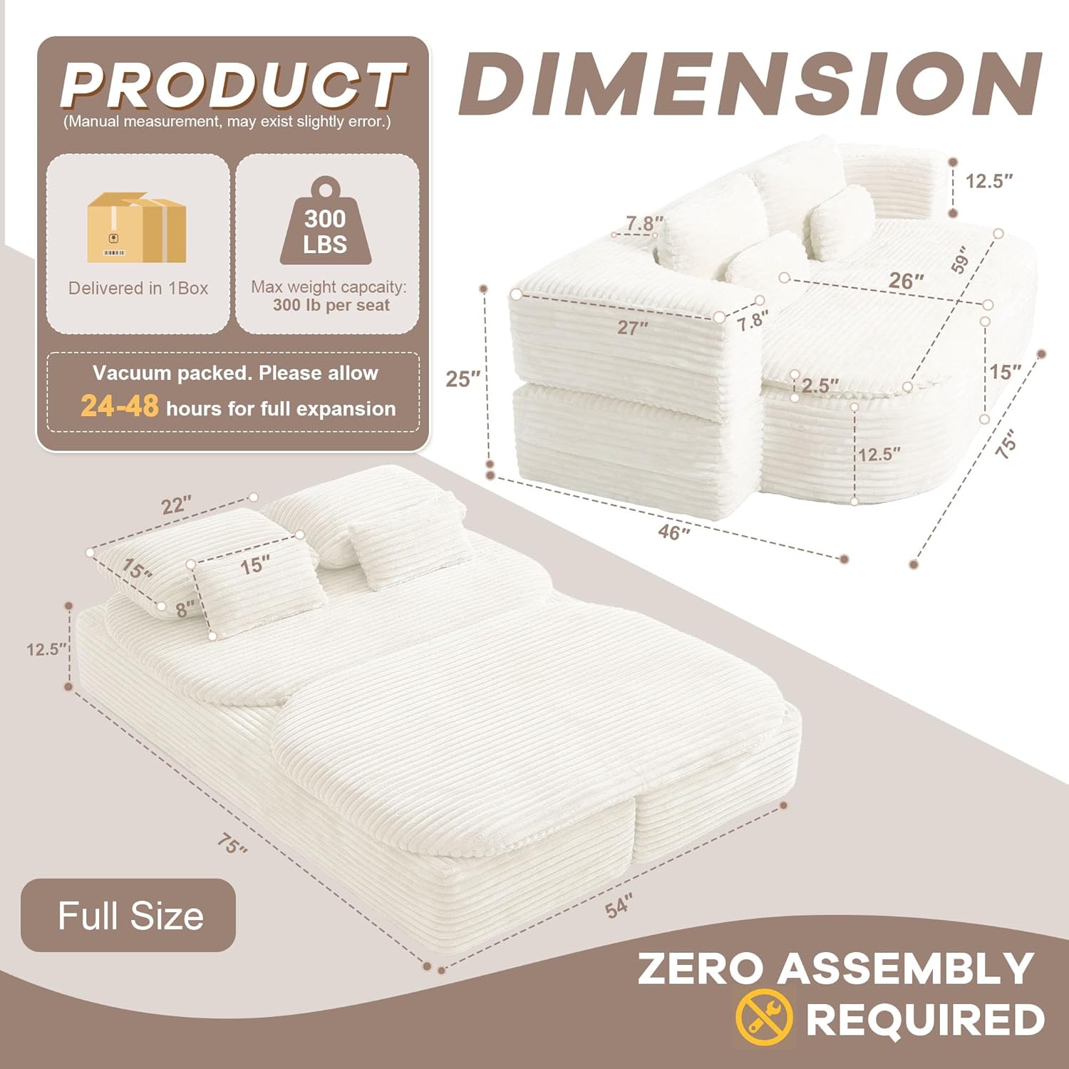 75'' Folding Sleeper Sofa Bed, Convertible Memory Foam Boneless Couch, Foldable Full Size Guest Bed, Modern 2-in-1 Futon Floor Sleeper Sofa with 4 Pillows and Blanket (Corduroy, Beige)