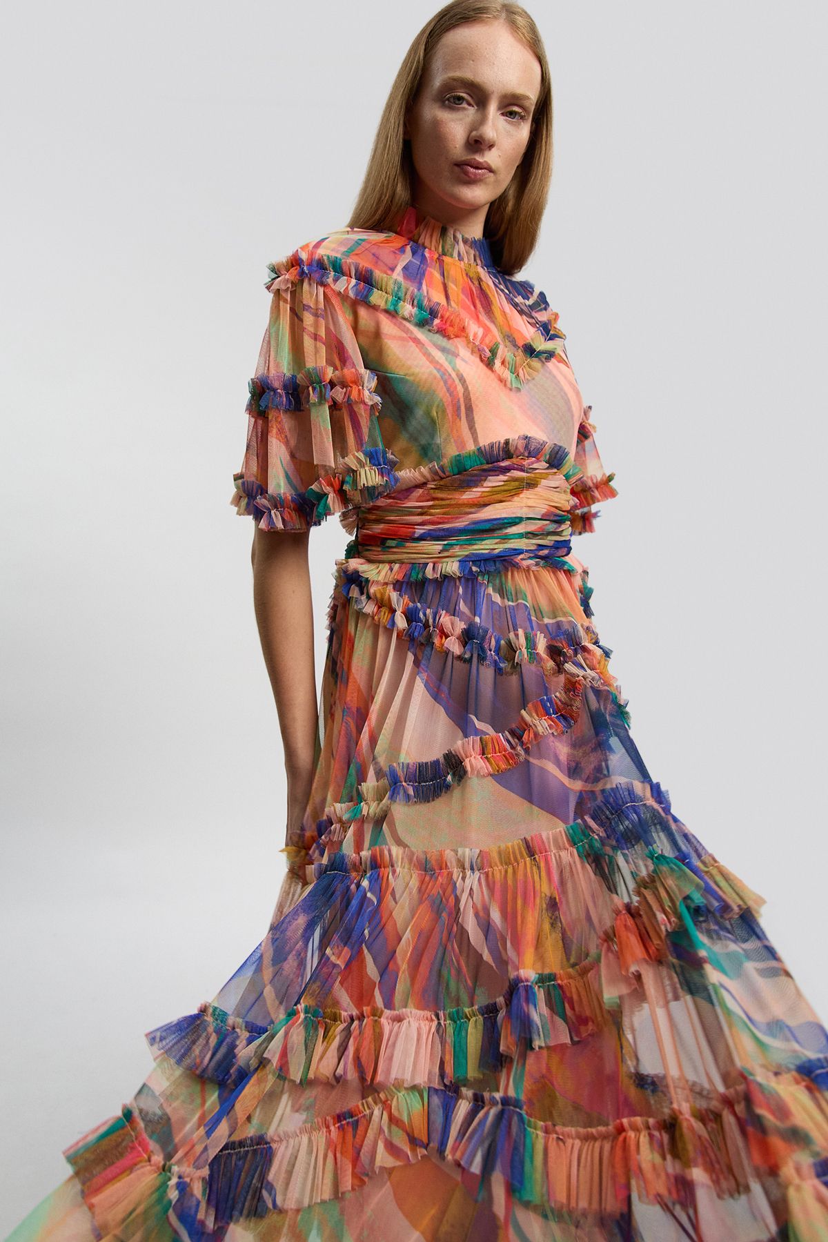 KarenMillen Marble Print Tulle Ruffle Detail Woven Maxi Dress