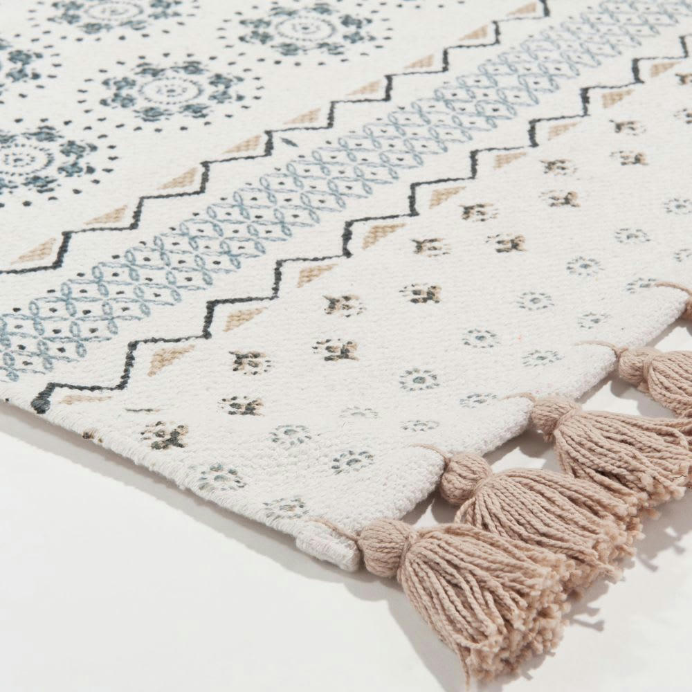 TOULON - Tapis en coton recyclé blanc motifs bleus 90x150