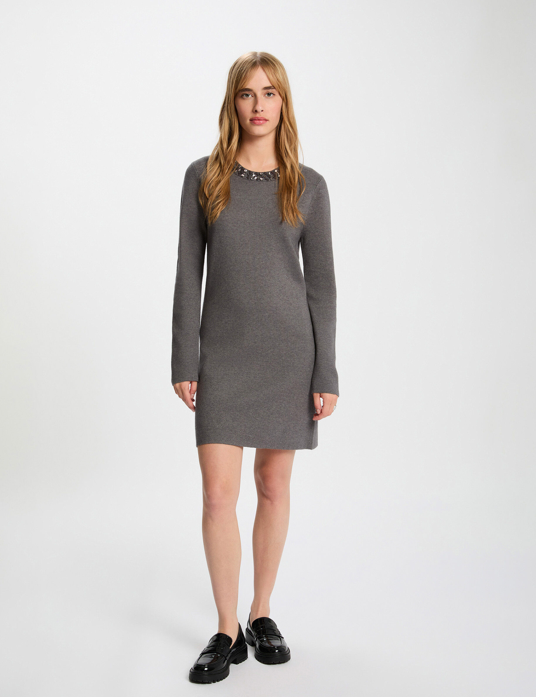 Knitted Dress With Round Neck Dark Grey Women