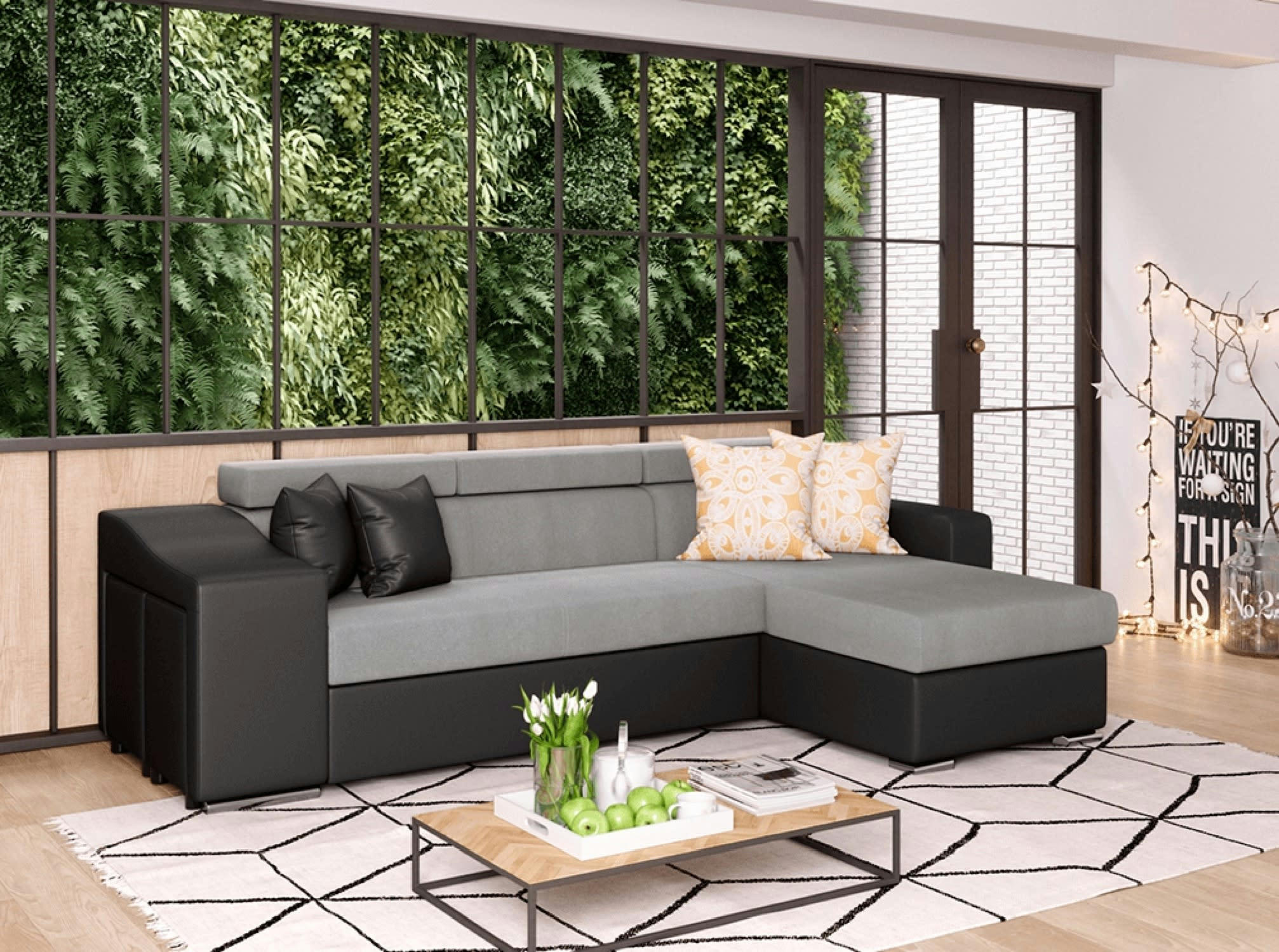 ELONA - Canapé d'angle convertible noir/gris avec niche de rangement gauche