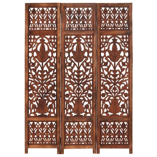 NNEVL Hand Carved 3-Panel Room Divider Brown 120x165 cm Solid Mango Wood