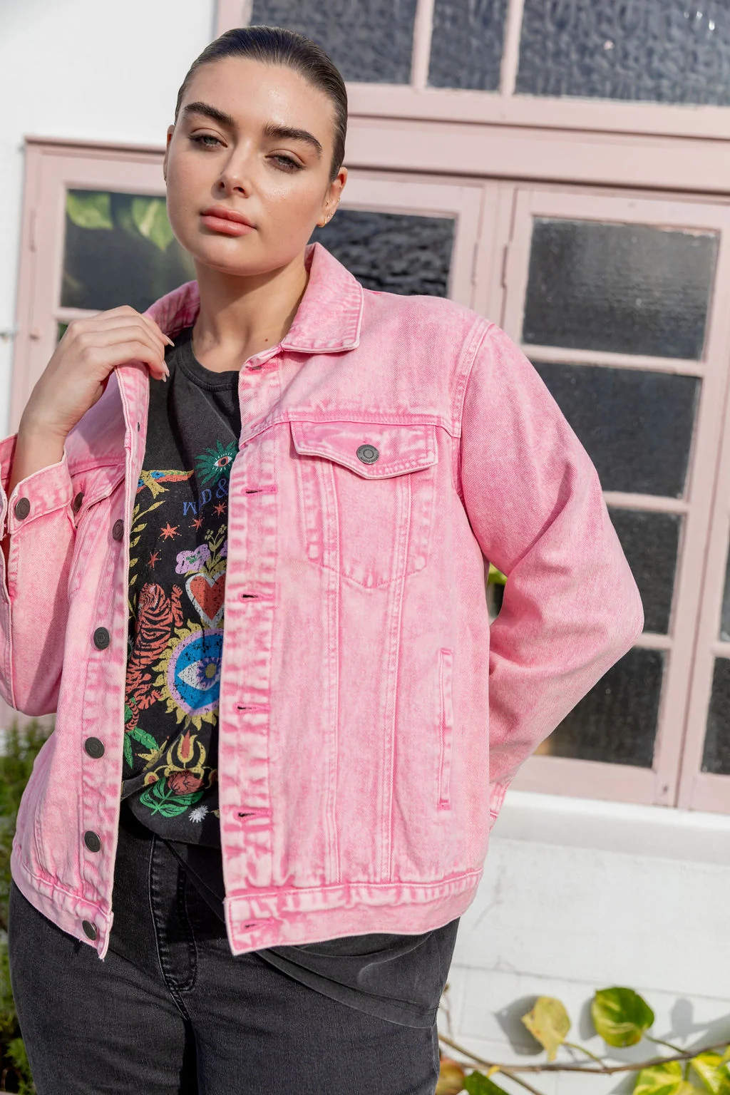 Hayden Boyfriend Denim Jacket in Pink Wash