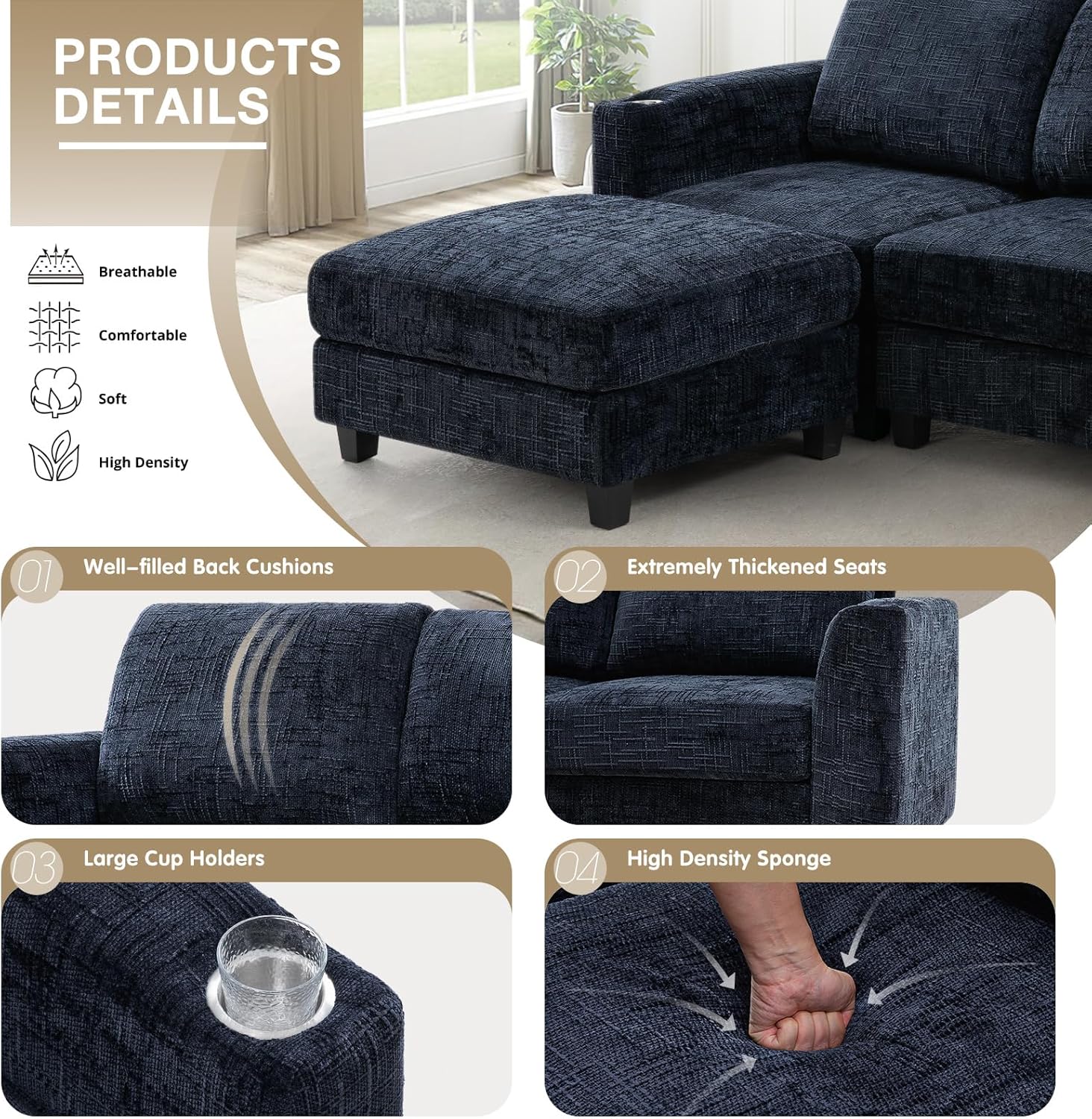 110 Chenille U-Shape Sofa with Flexible Ottomans, Comfy Sectional Sofa with 2 Built-in Cup Holders, Convertible 4 Seats Couch with Well-Filled Back Cushions for Living Room, House, Blue