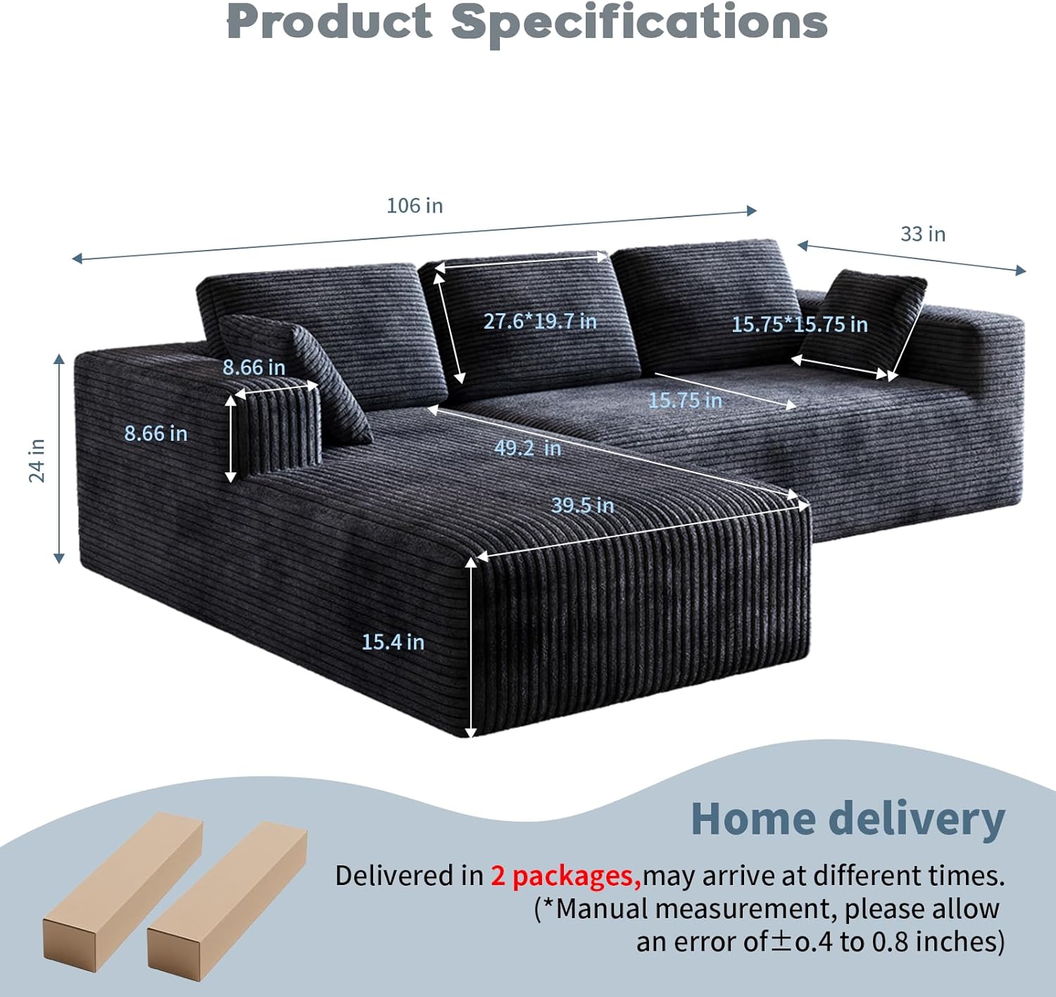 106 Corduroy Sectional Couch, Boneless L Shaped Couch with Deep Seat, Cloud Foam Sofa with Oversized Chaise, Sectional Sofa No Assembly Needed for Living Room