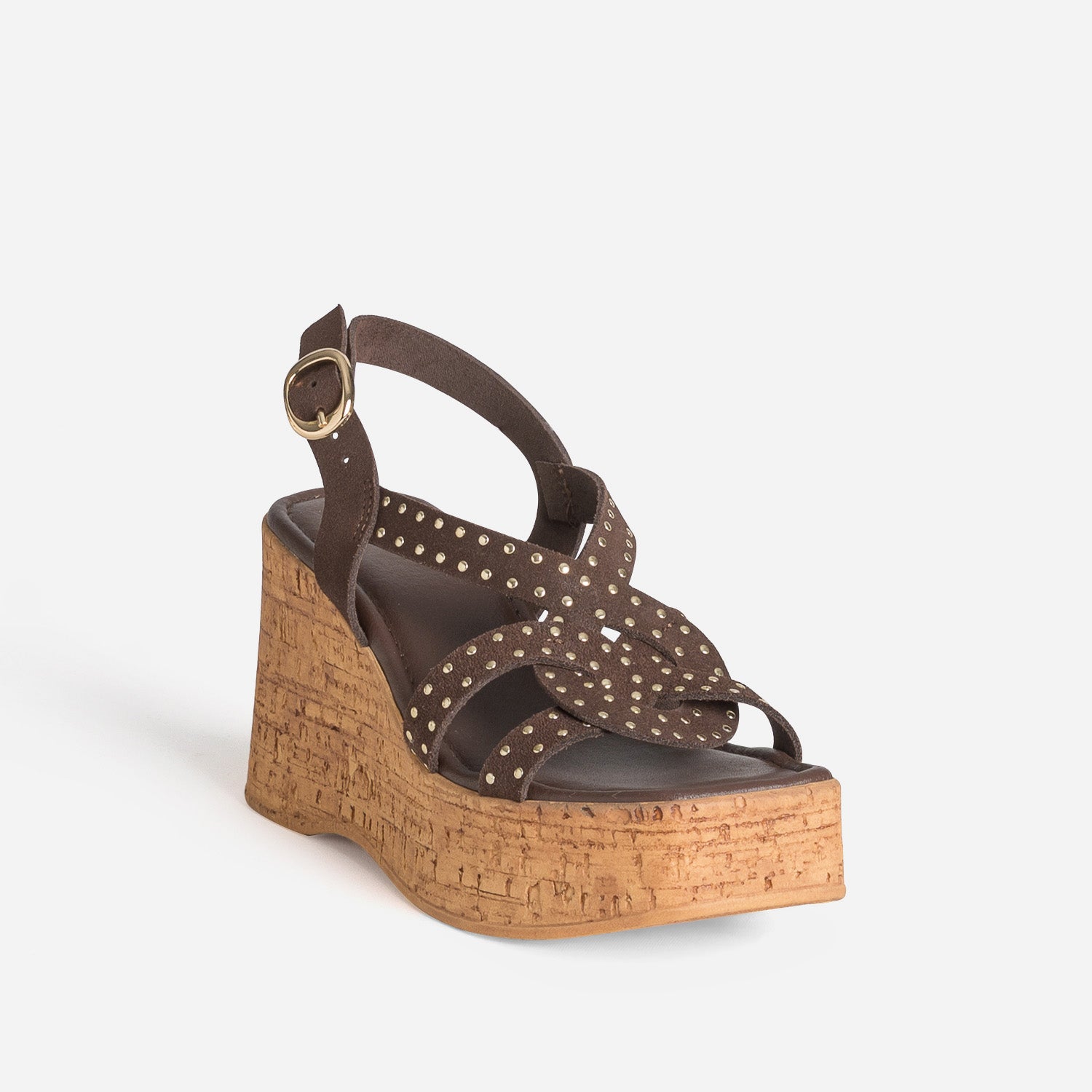 Sandale marron cuir velours détails clous