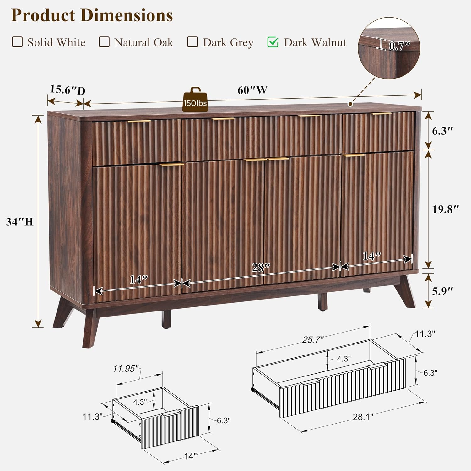 OKD Fluted Storage Cabinet with Drawers, 60 Morden Buffet Sideboard Coffee Bar Cabinet with 4 Doors and 3 Drawers for Dining Room, Living Room,Hallway (Dark Walnut)